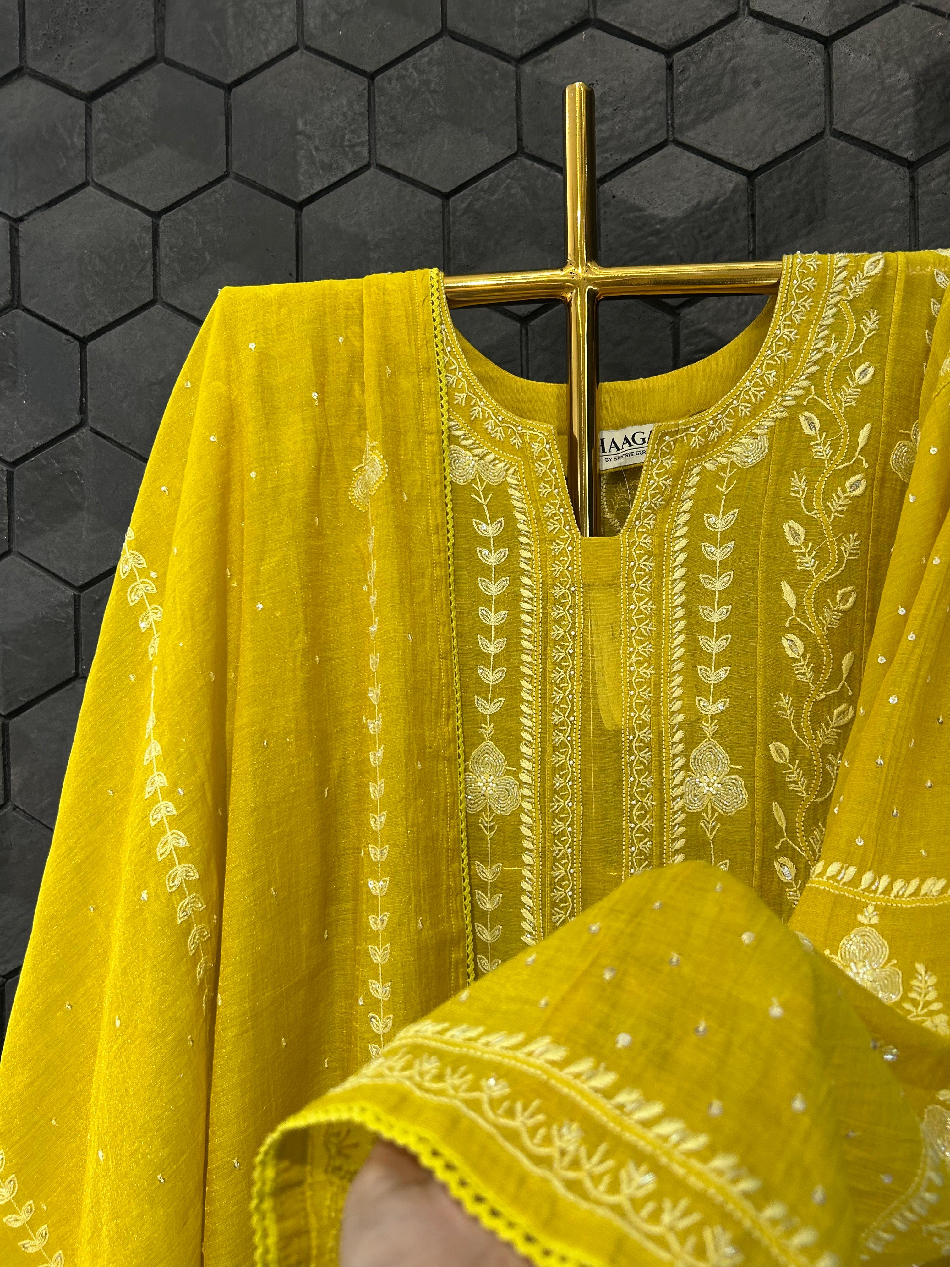 Lime green tissue chikankari anarkali set