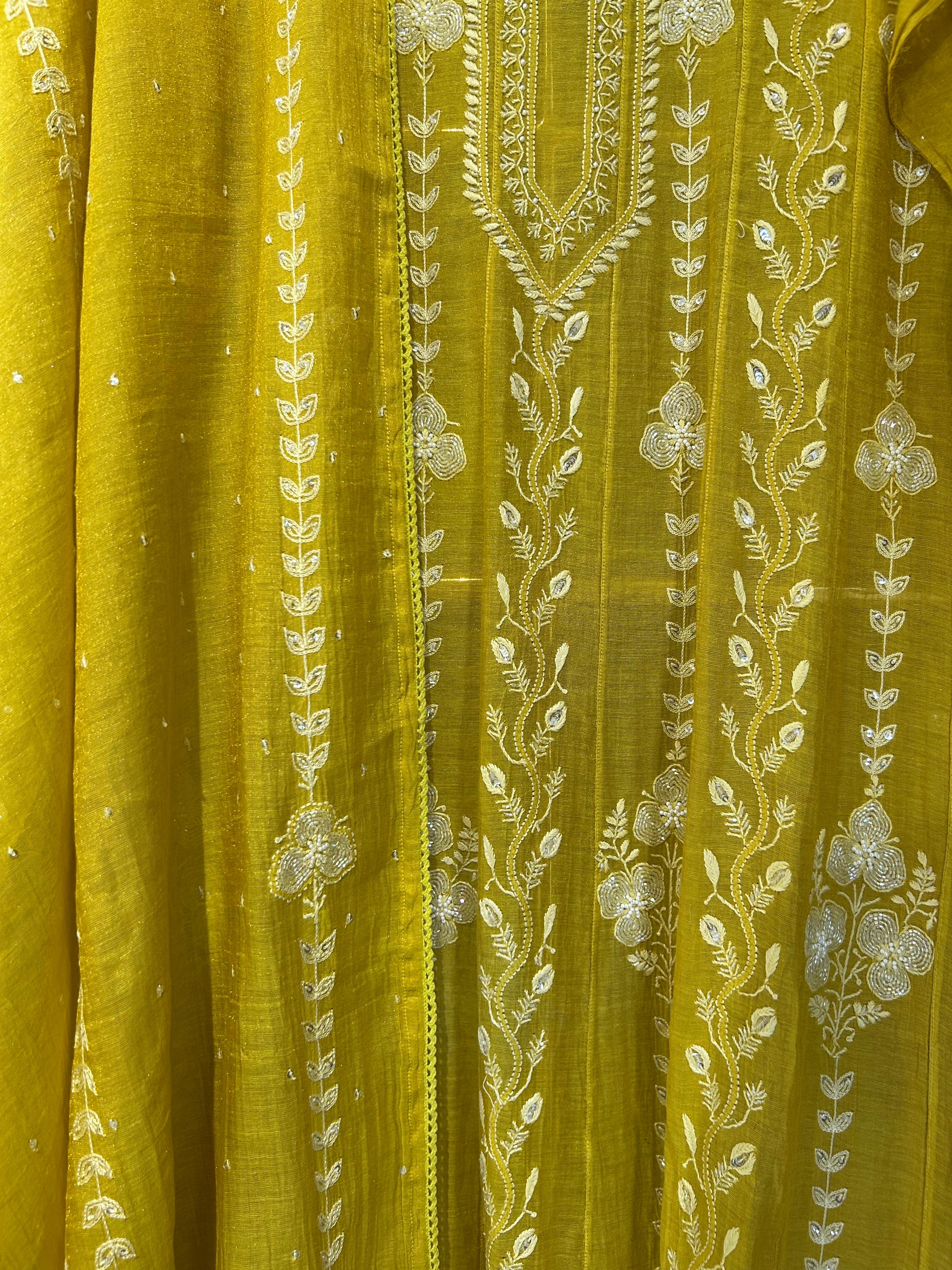 Lime green tissue chikankari anarkali set