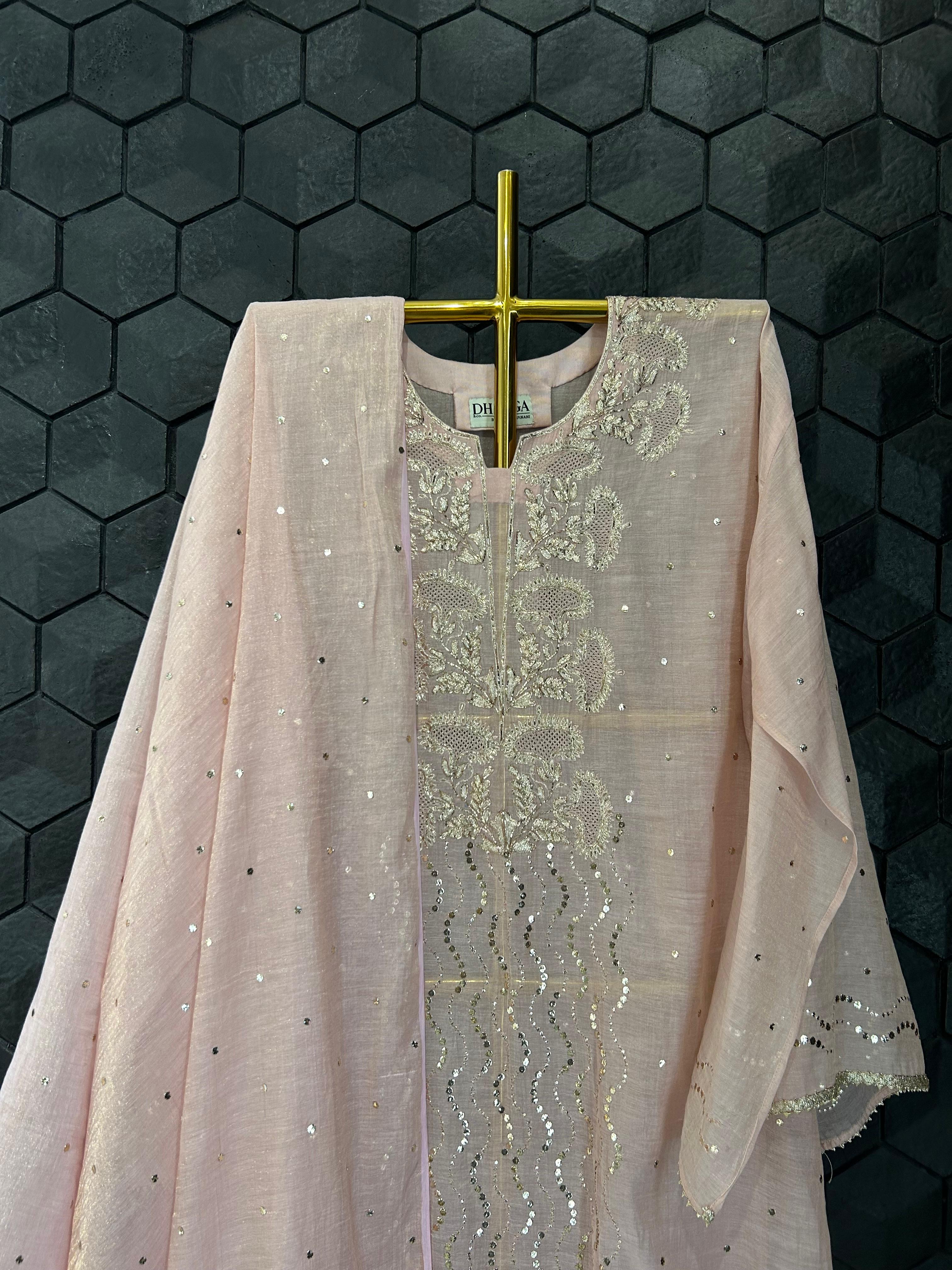 Pink golden tissue chikankari kurta set