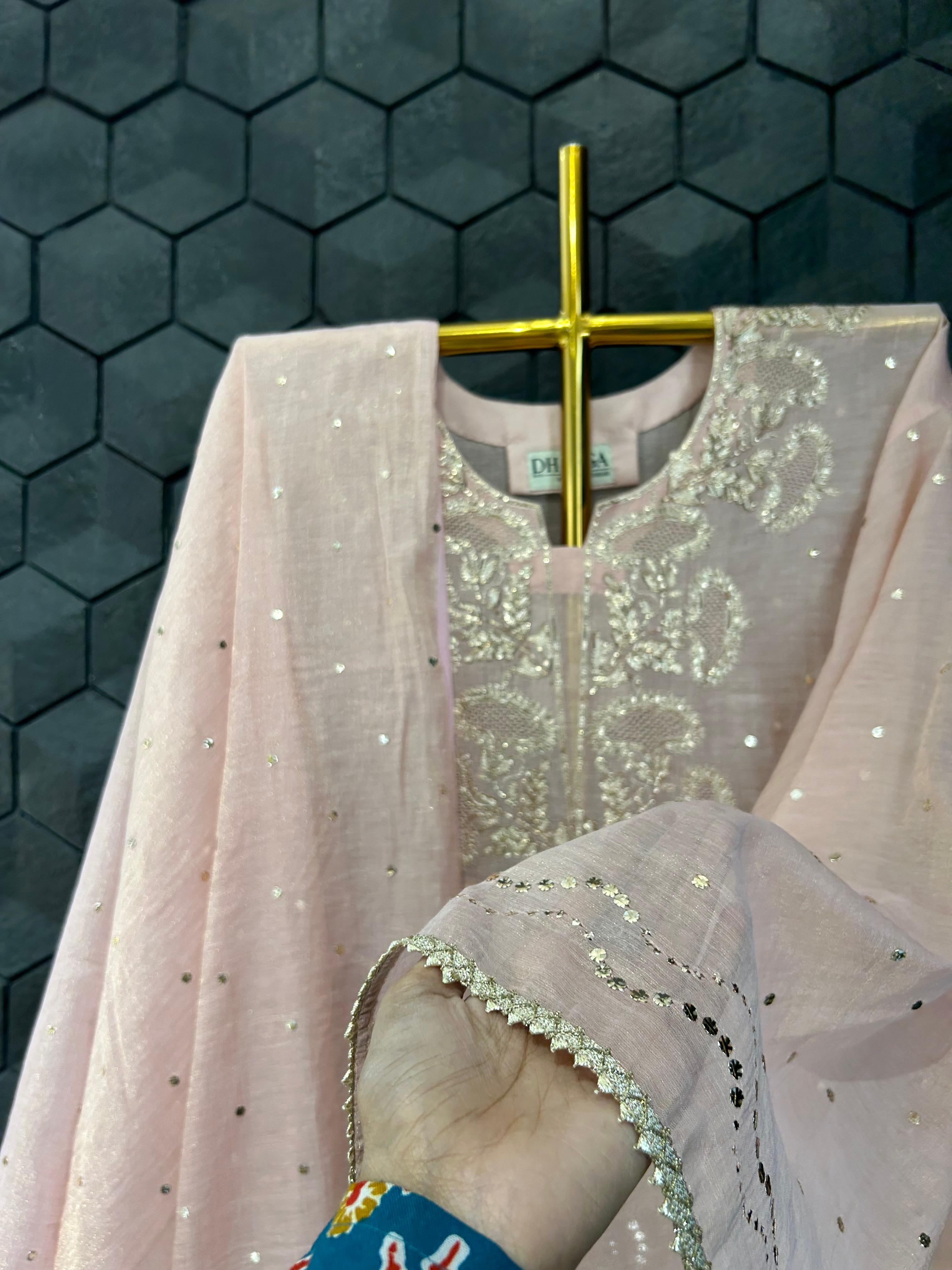 Pink golden tissue chikankari kurta set