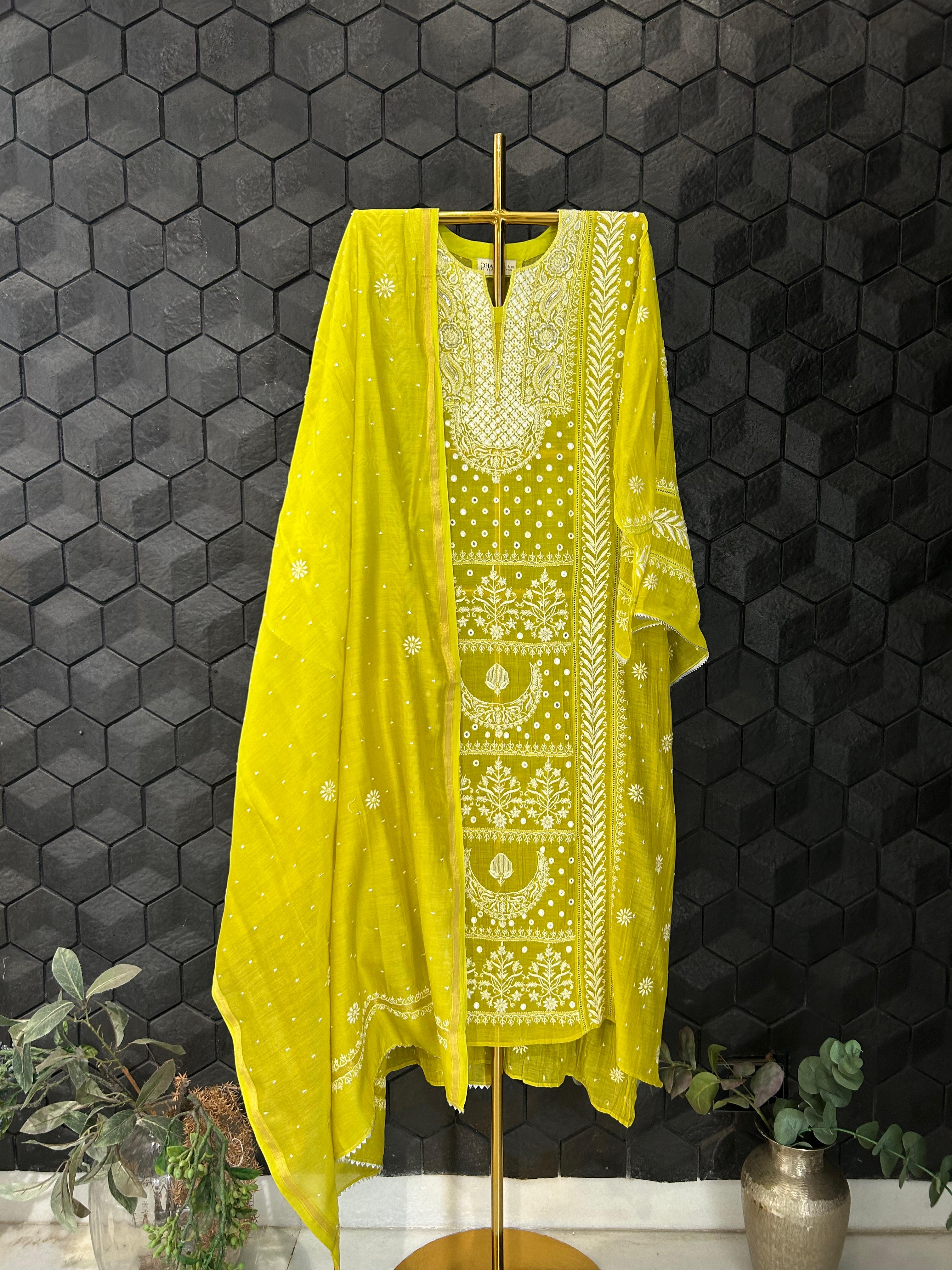 Green mul chanderi chikankari kurta set