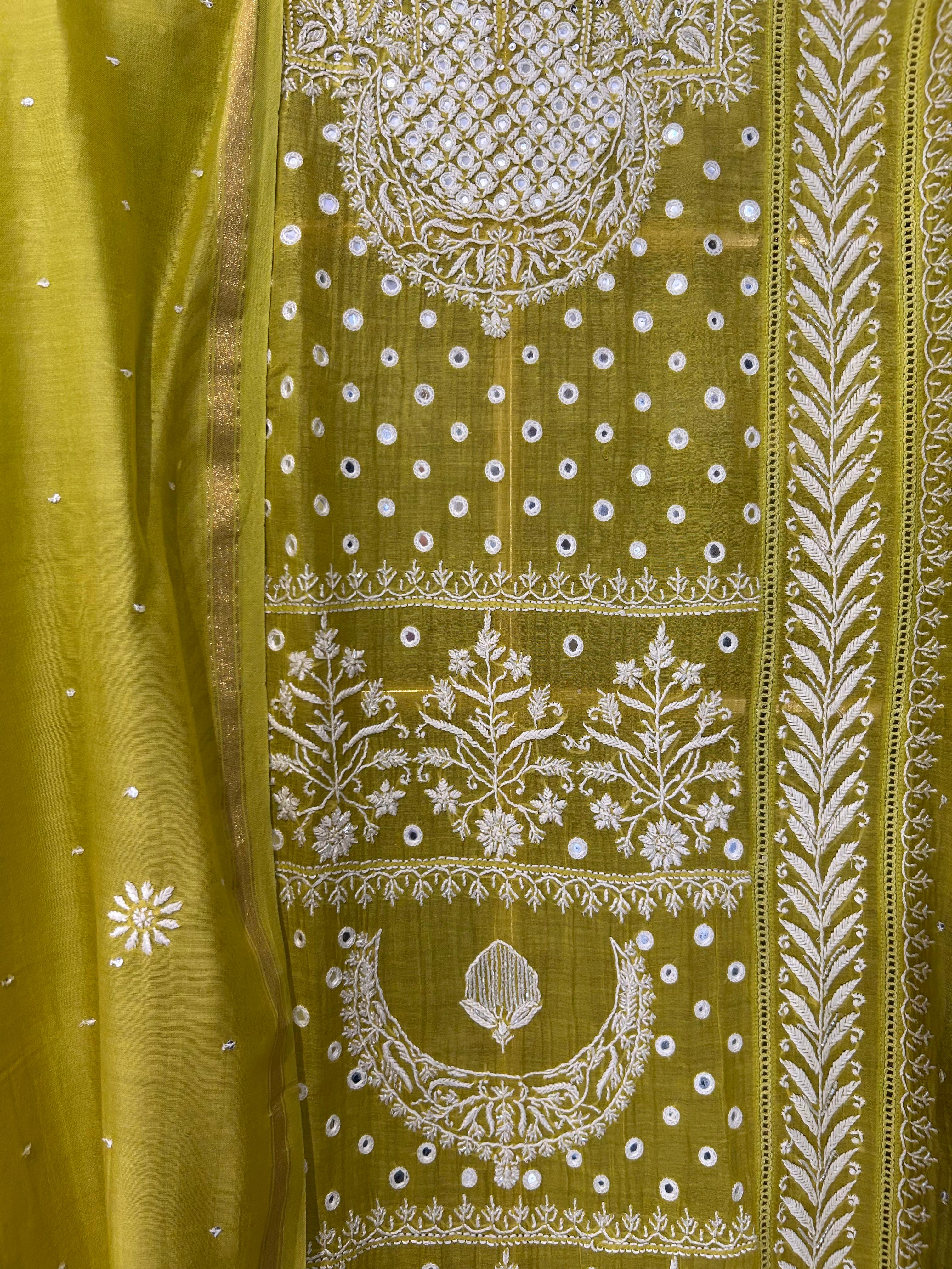 Green mul chanderi chikankari kurta set