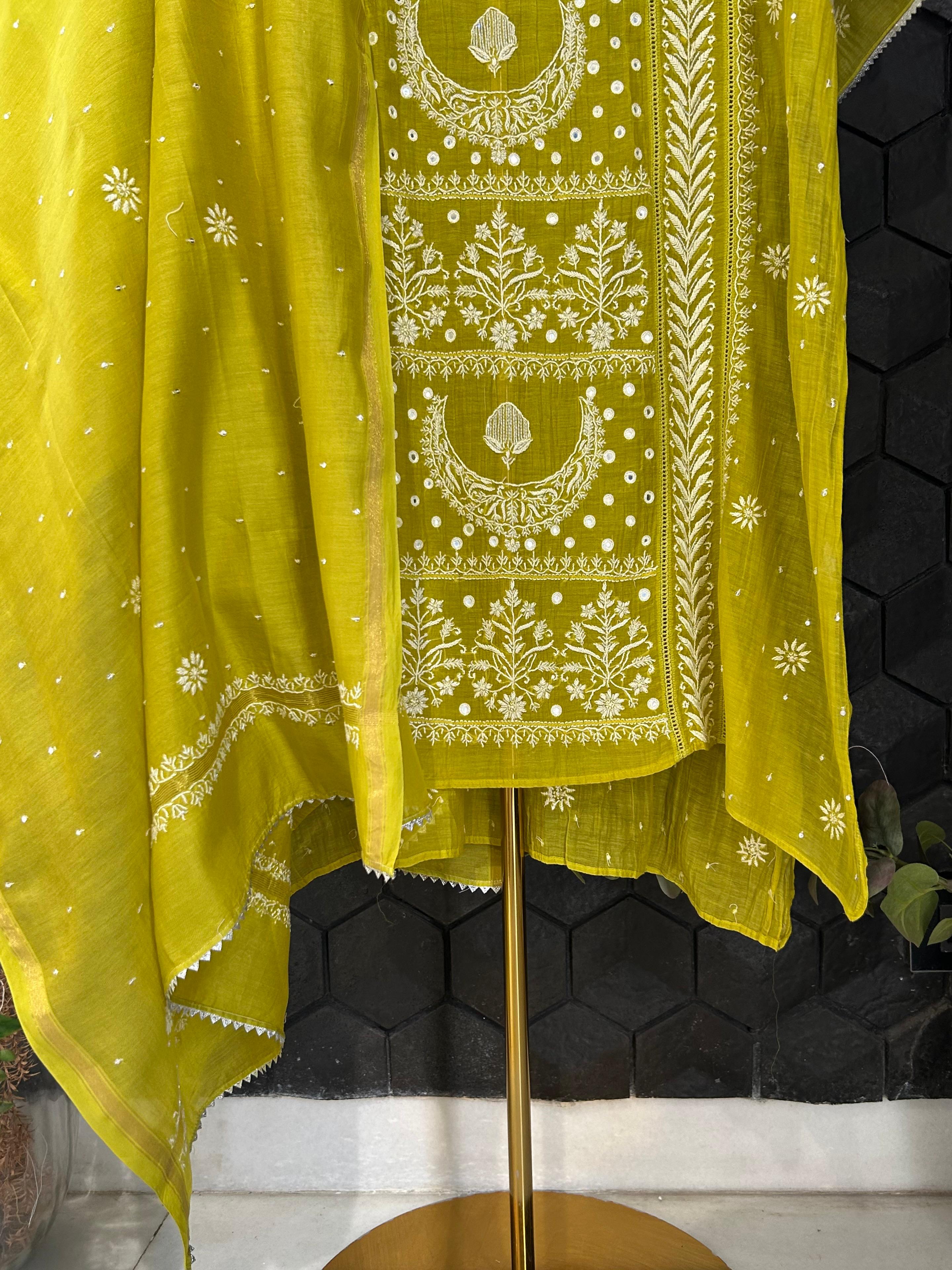 Green mul chanderi chikankari kurta set