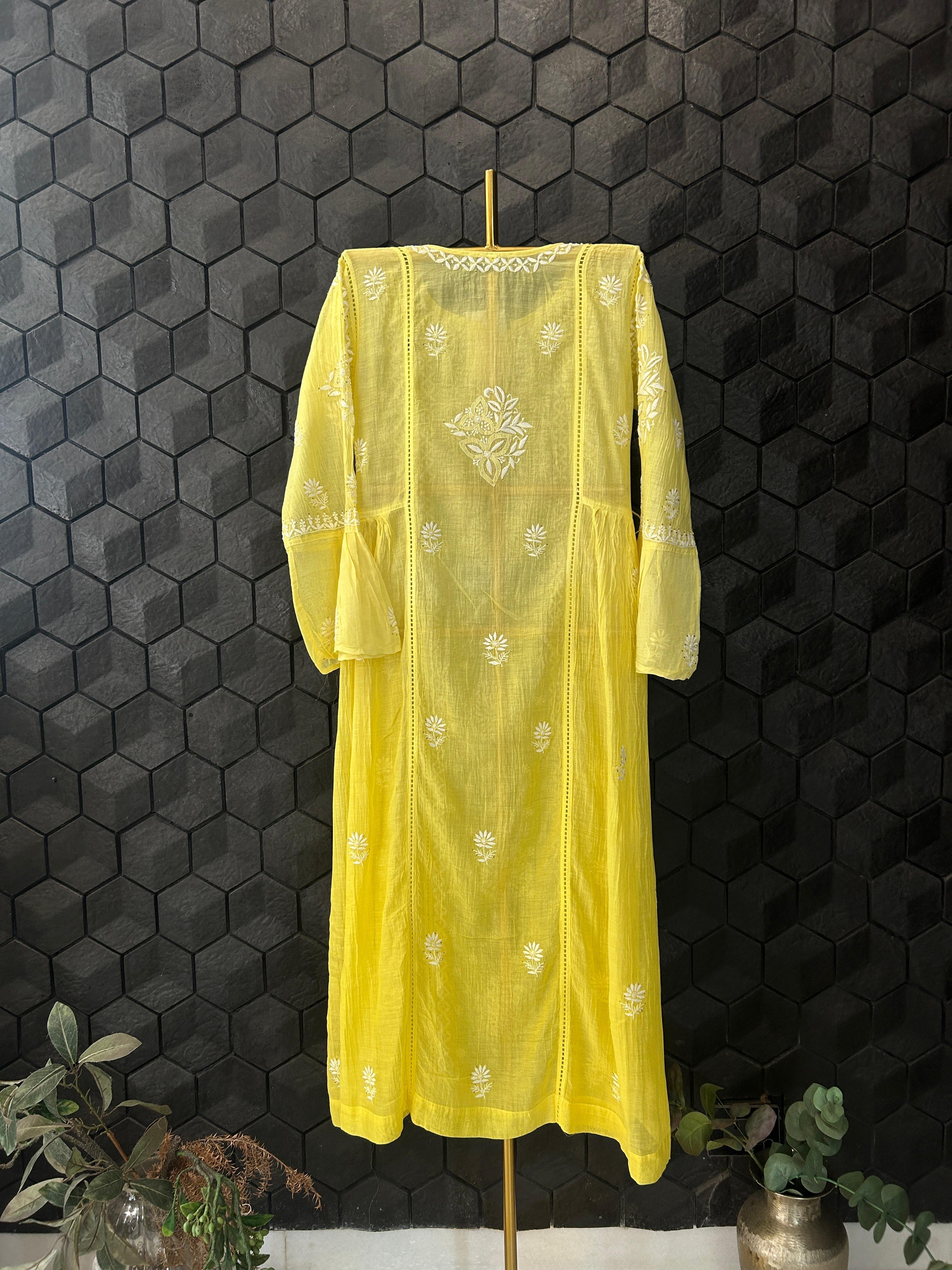 Yellow Mul Chanderi Chikankari And Mukaish Dress