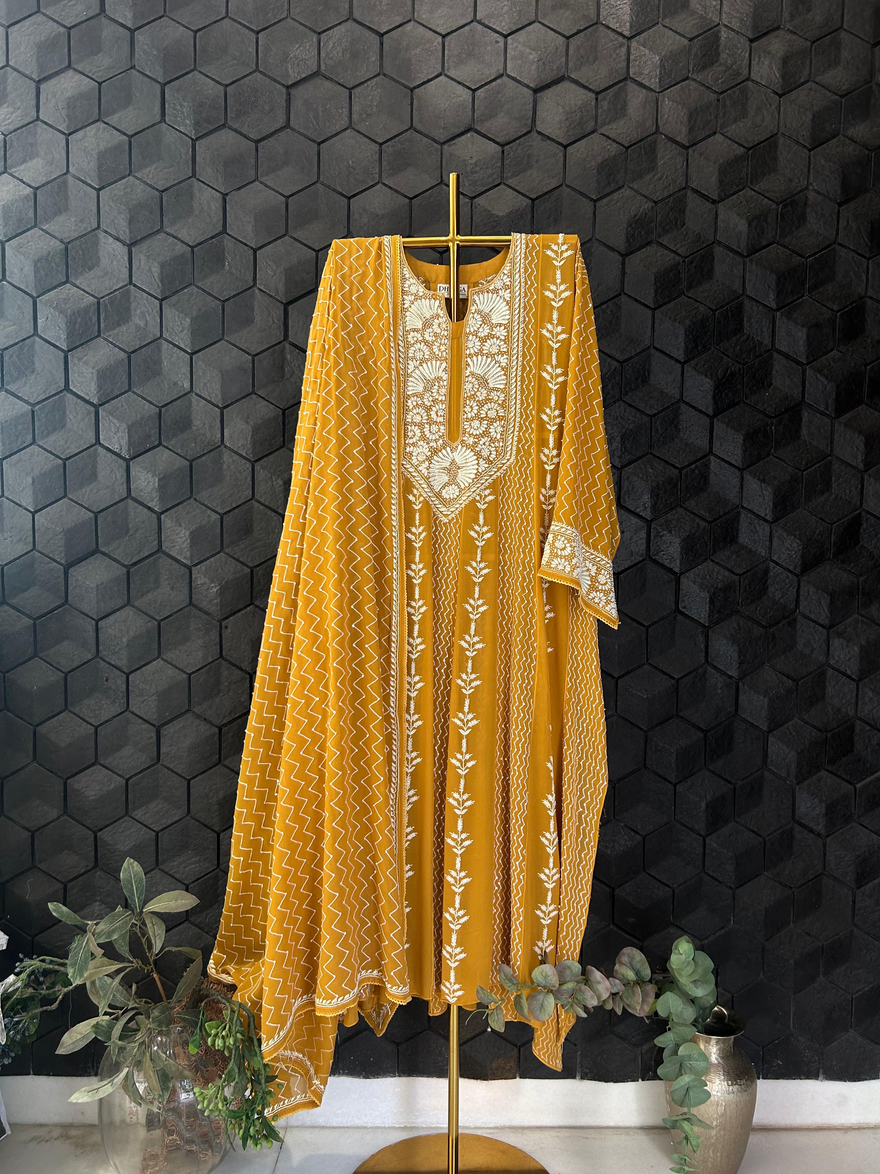 Mustard Georgette Chikankari Kurta Set