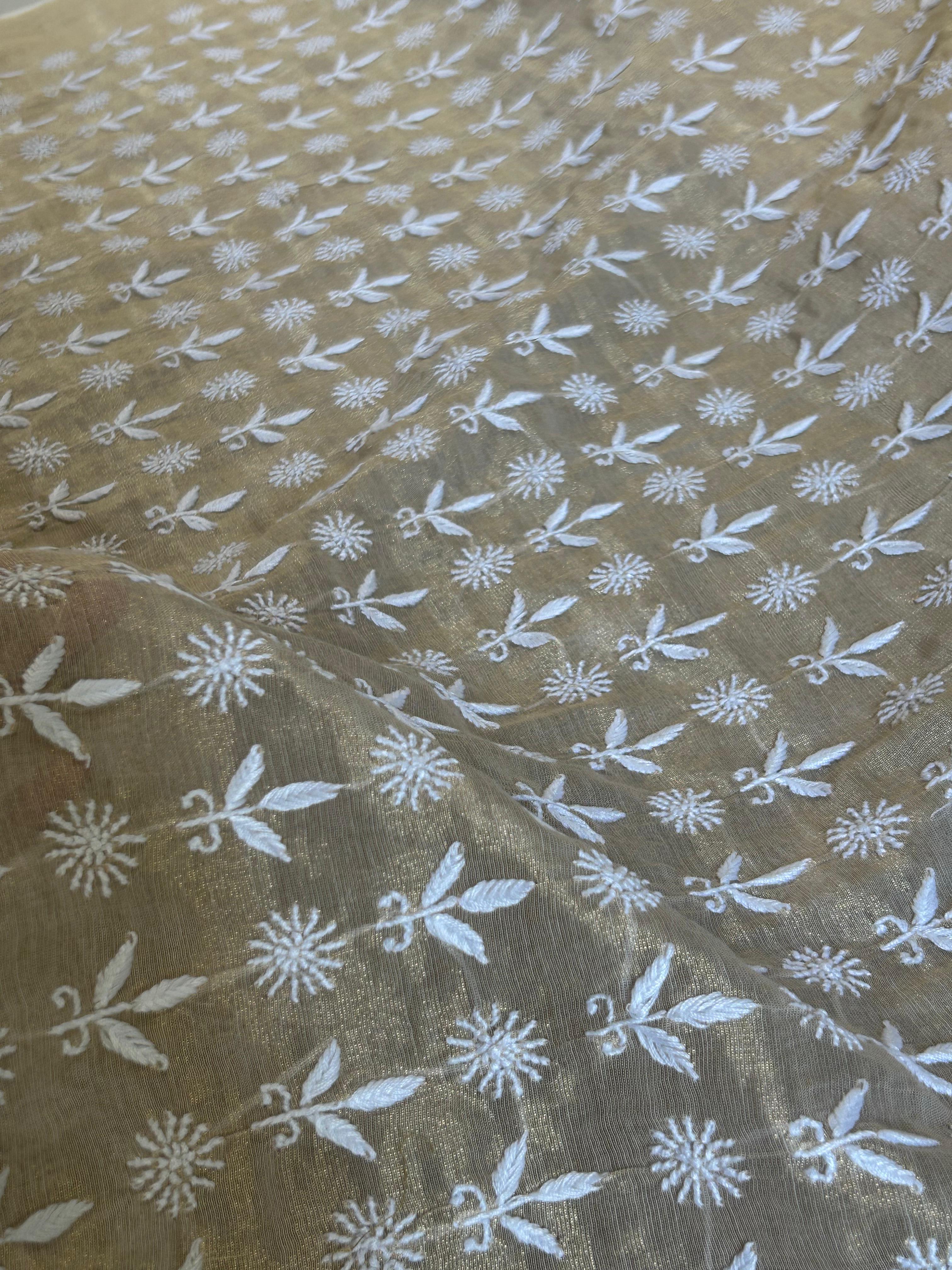 Beige Golden Tissue Chikankari Mens kurta