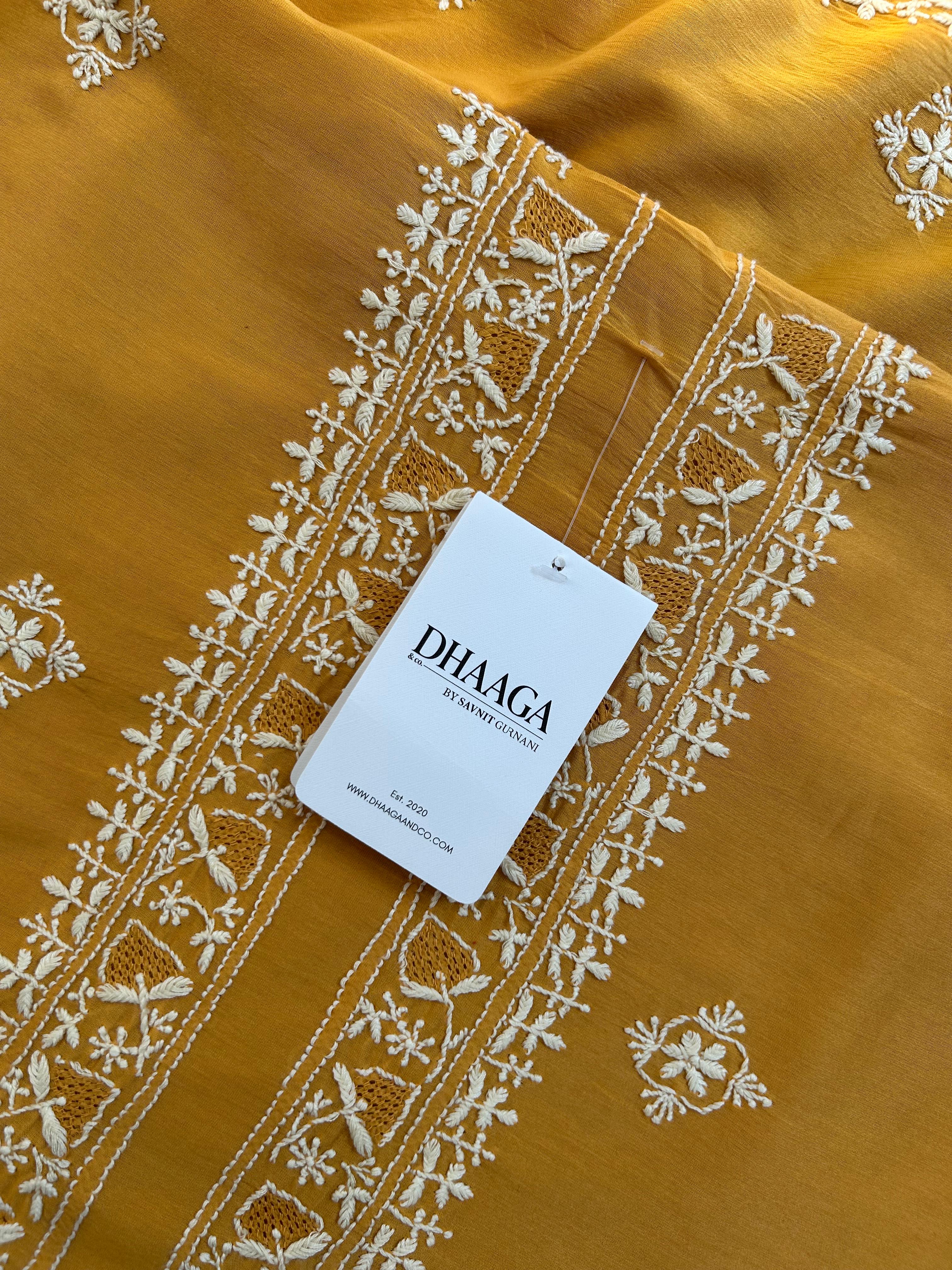Mustard chanderi chikankari mens kurta