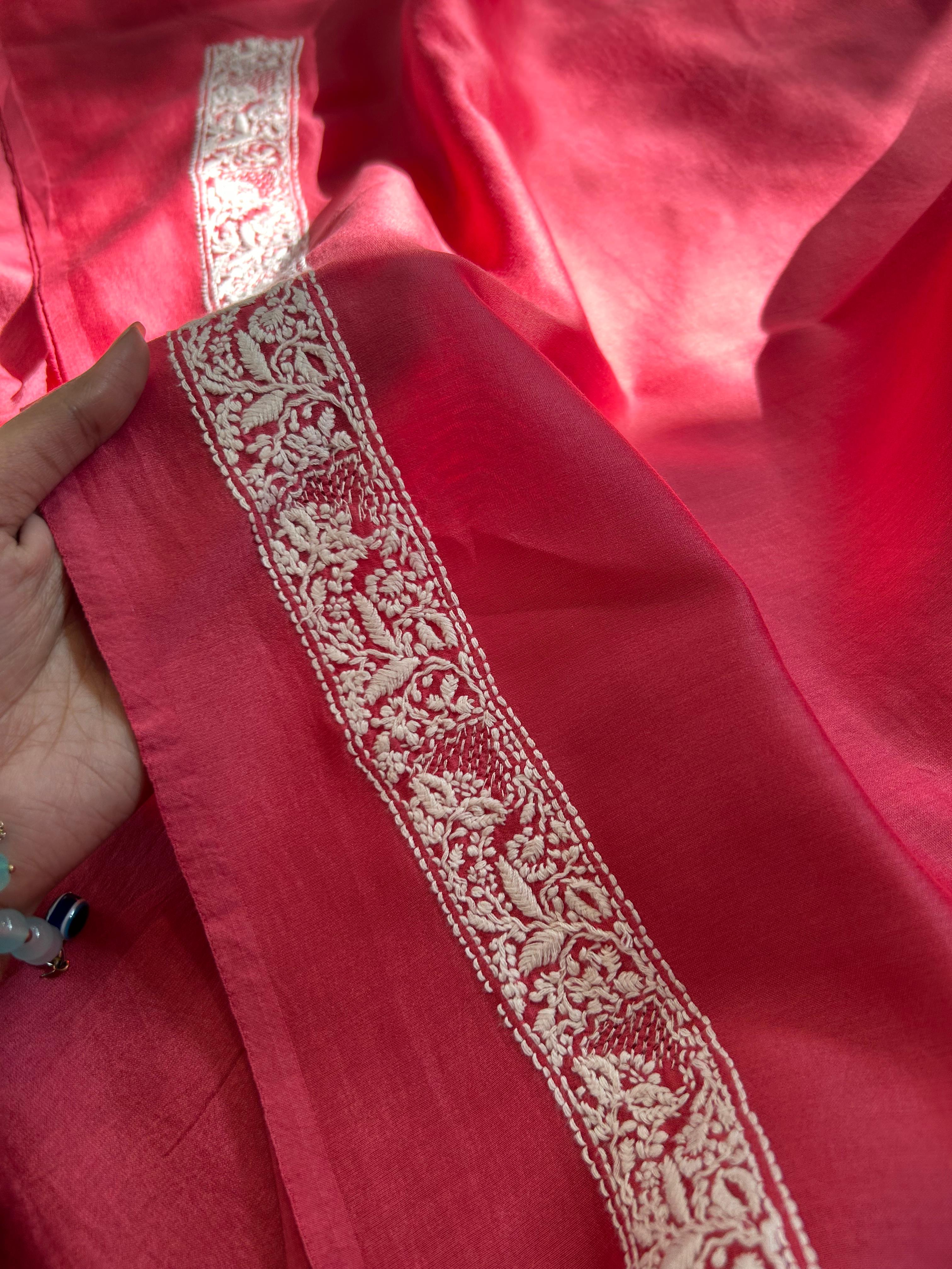 Cherry red chanderi chikankari kurta