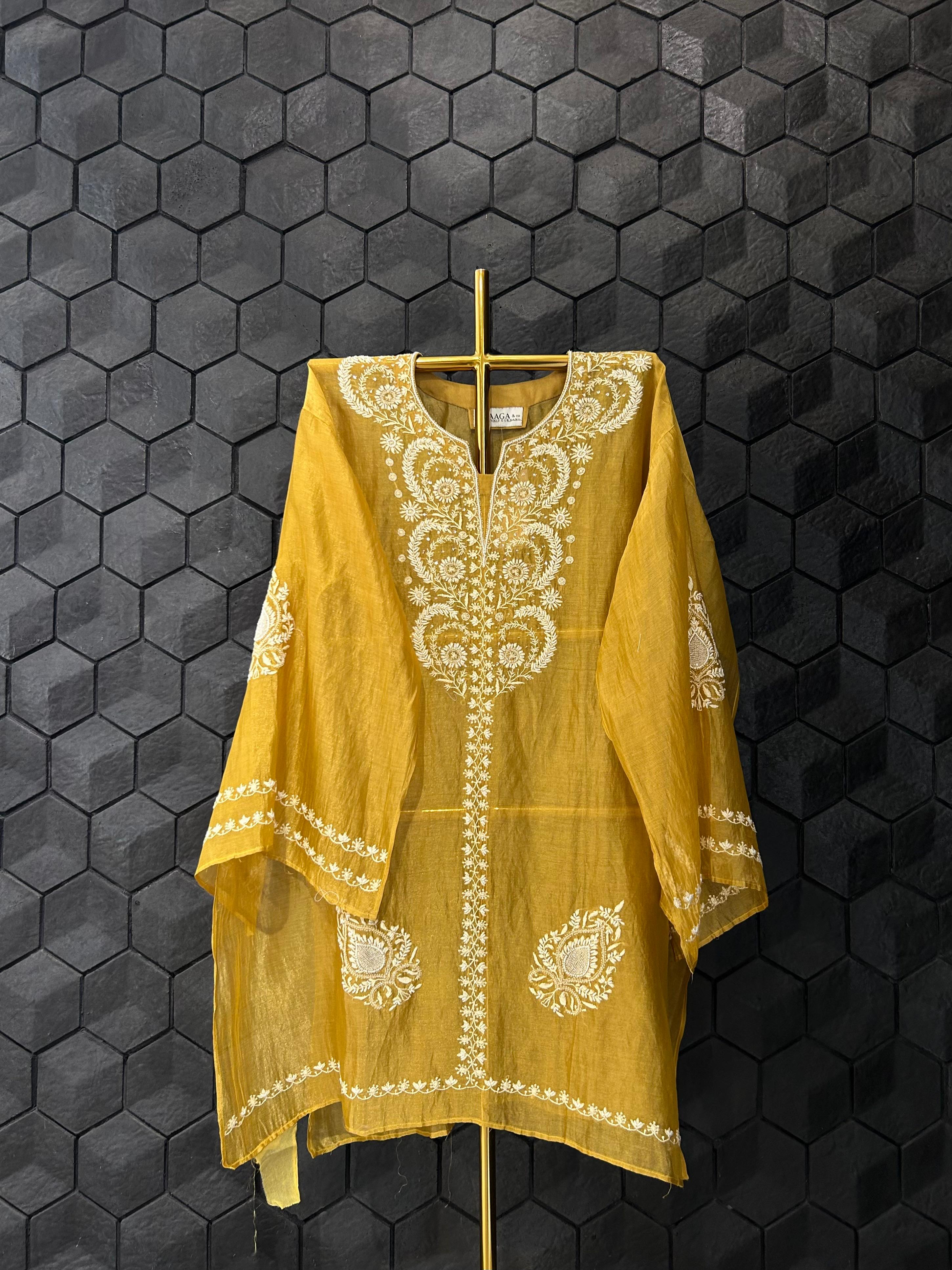 Mustard stripe tissue chikankari co-ord set