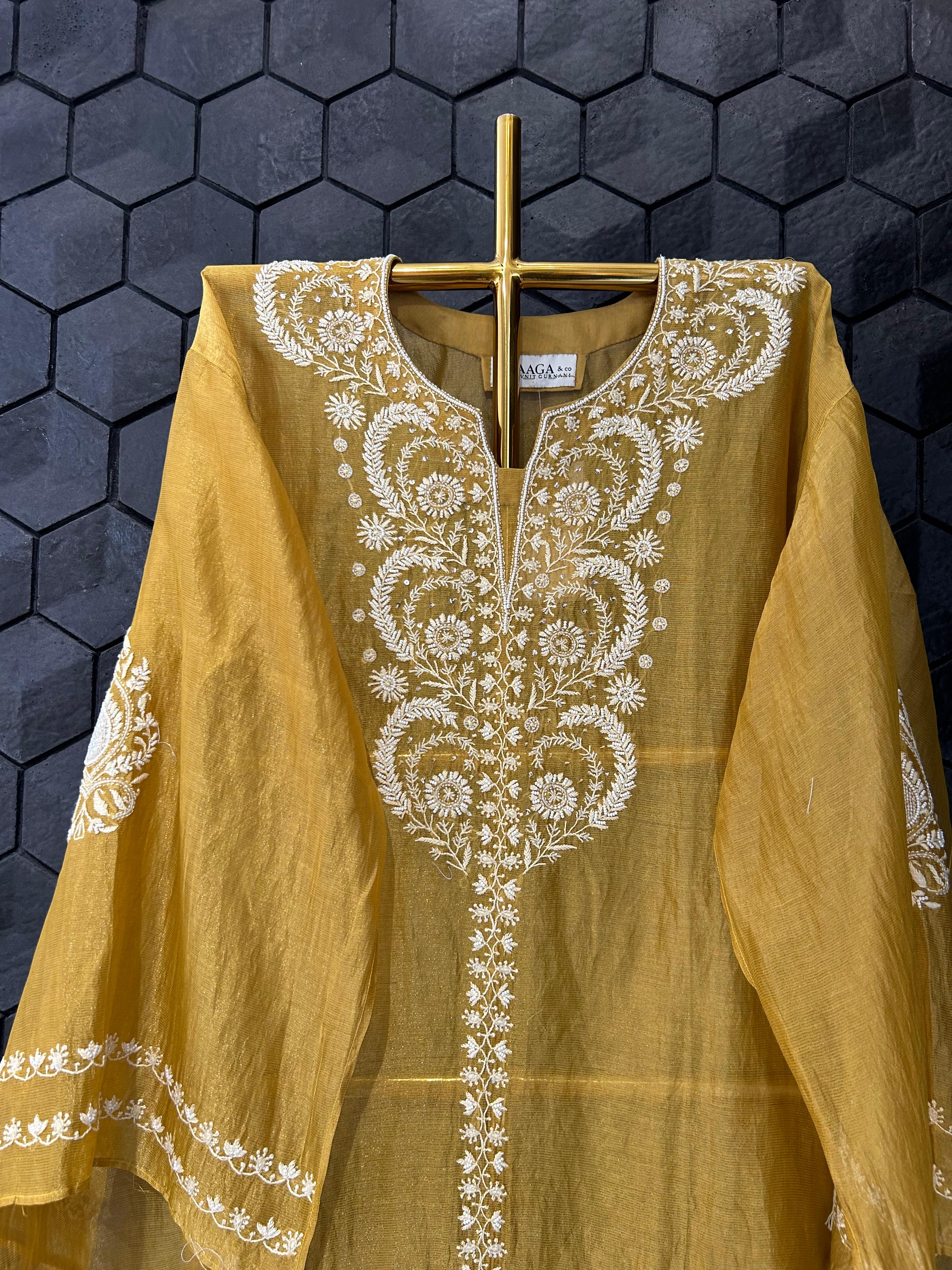 Mustard stripe tissue chikankari co-ord set