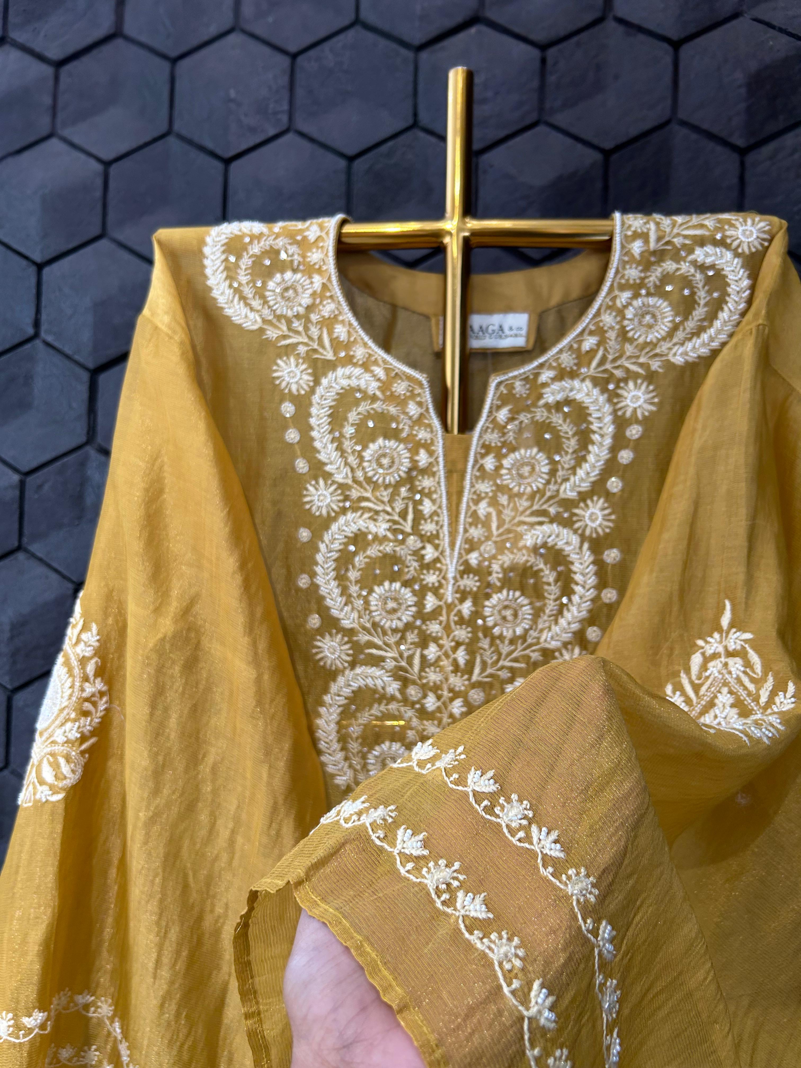 Mustard stripe tissue chikankari co-ord set