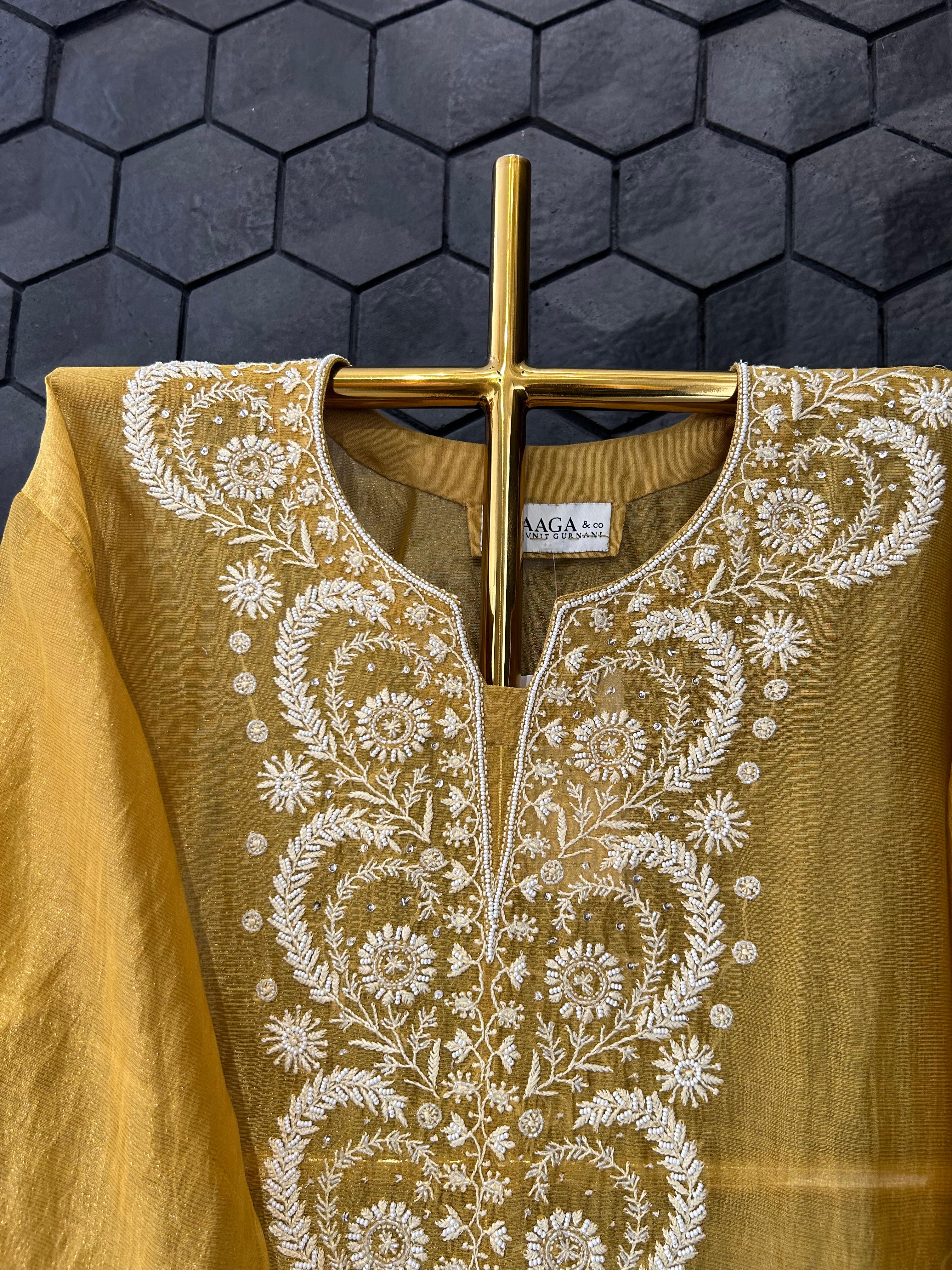 Mustard stripe tissue chikankari co-ord set