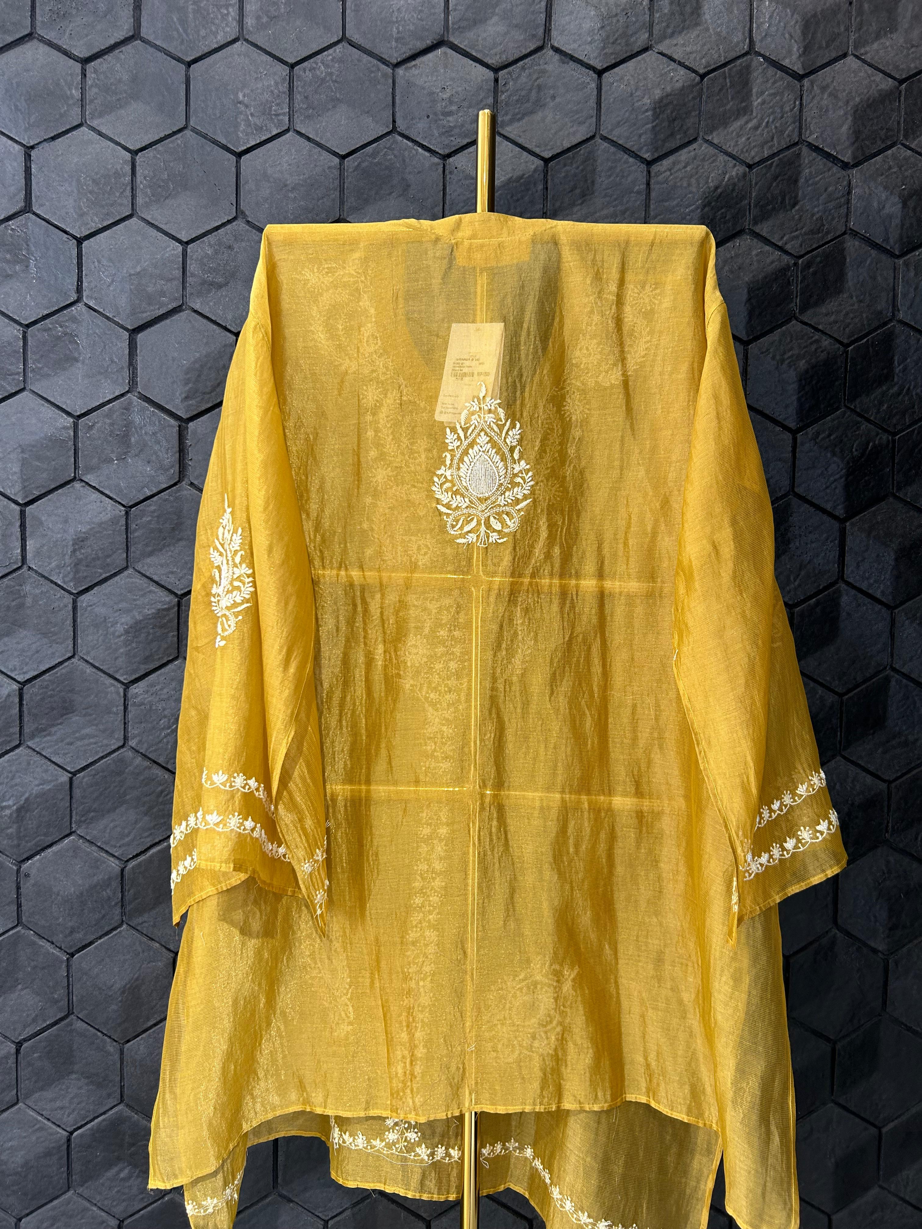 Mustard stripe tissue chikankari co-ord set