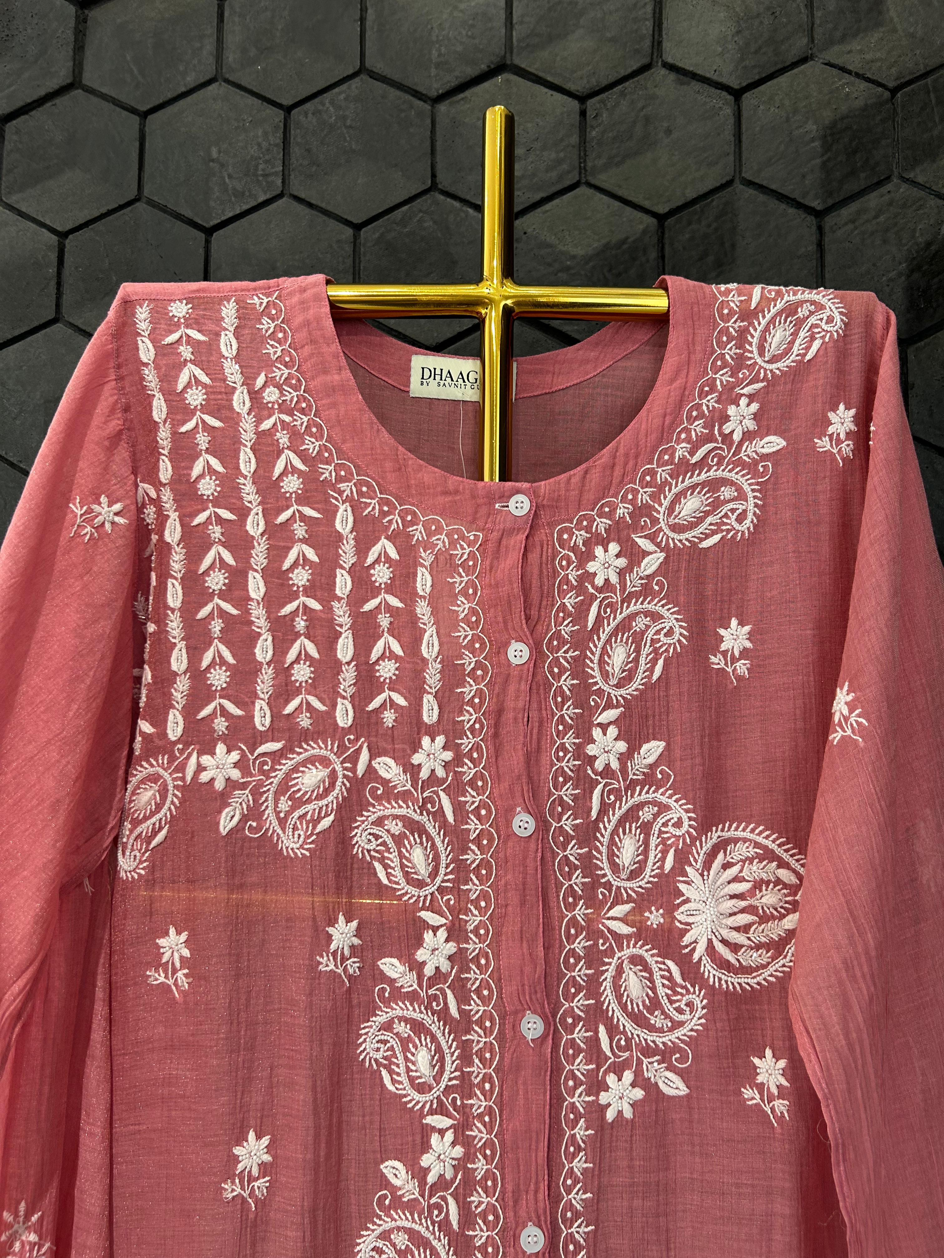 Pink tissue chikankari co-ord set