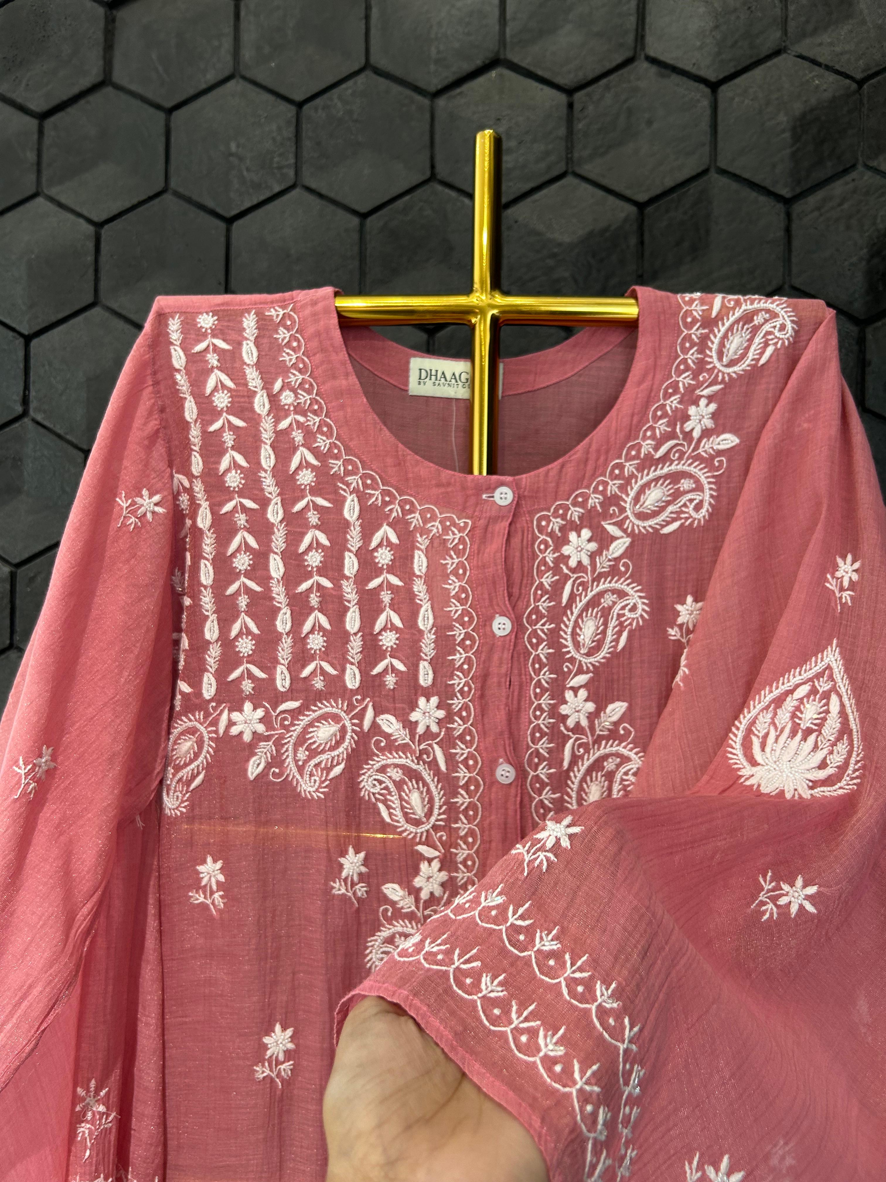 Pink tissue chikankari co-ord set