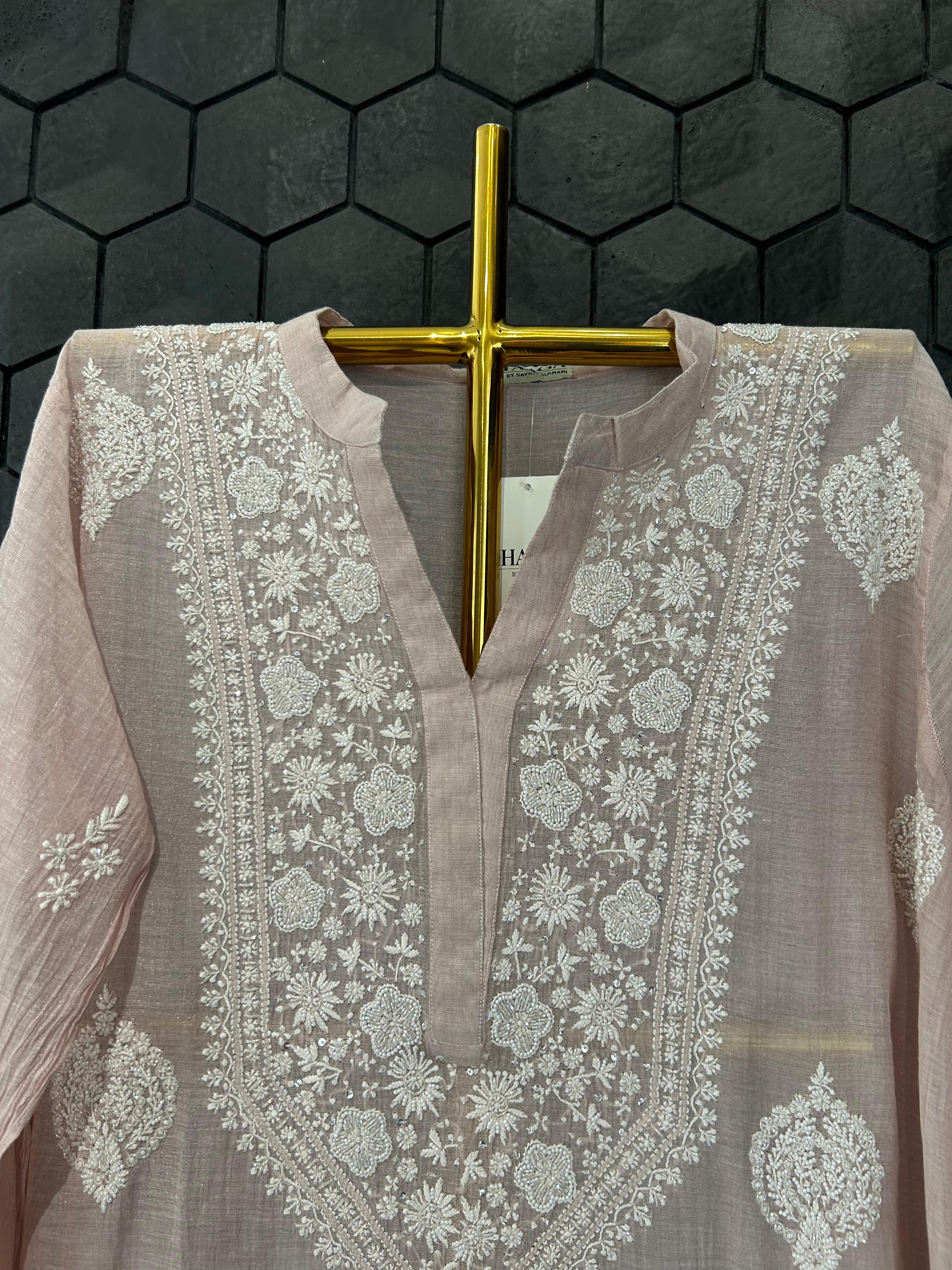 Pink tissue chikankari co-ord set