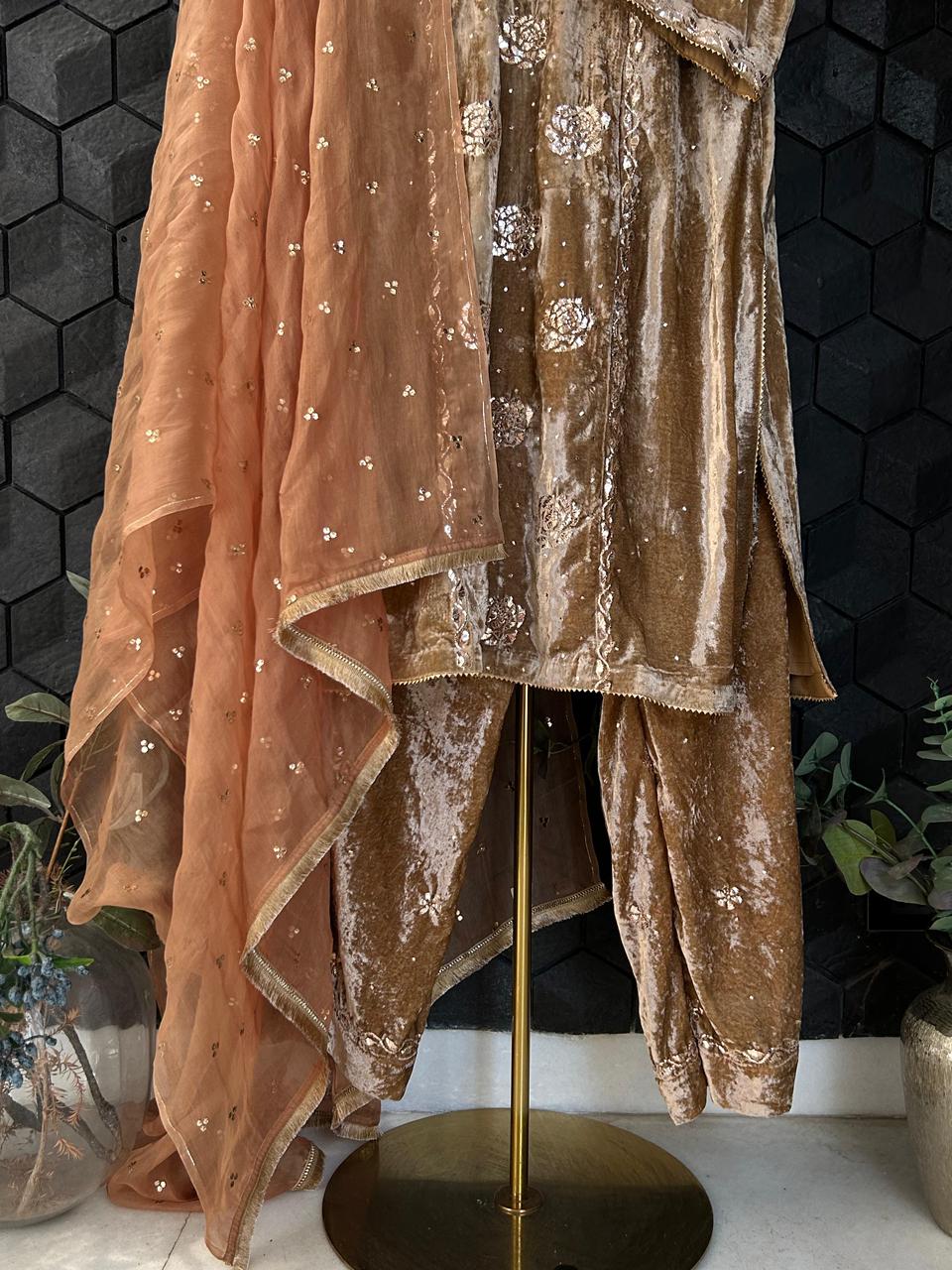 Brown Velvet Mukaish Kurta set