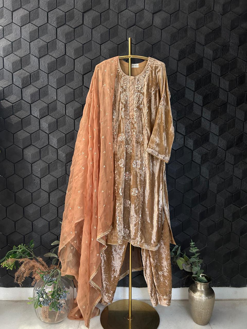 Brown Velvet Mukaish Kurta set