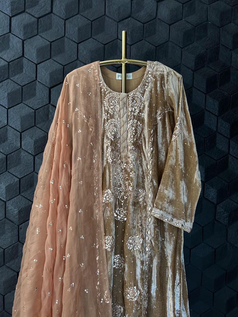 Brown Velvet Mukaish Kurta set