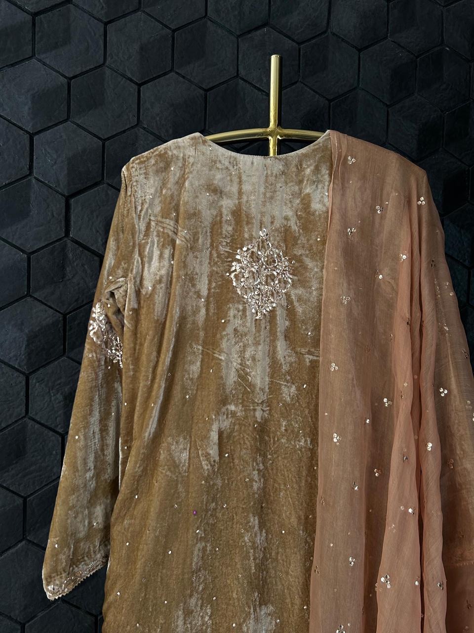 Brown Velvet Mukaish Kurta set