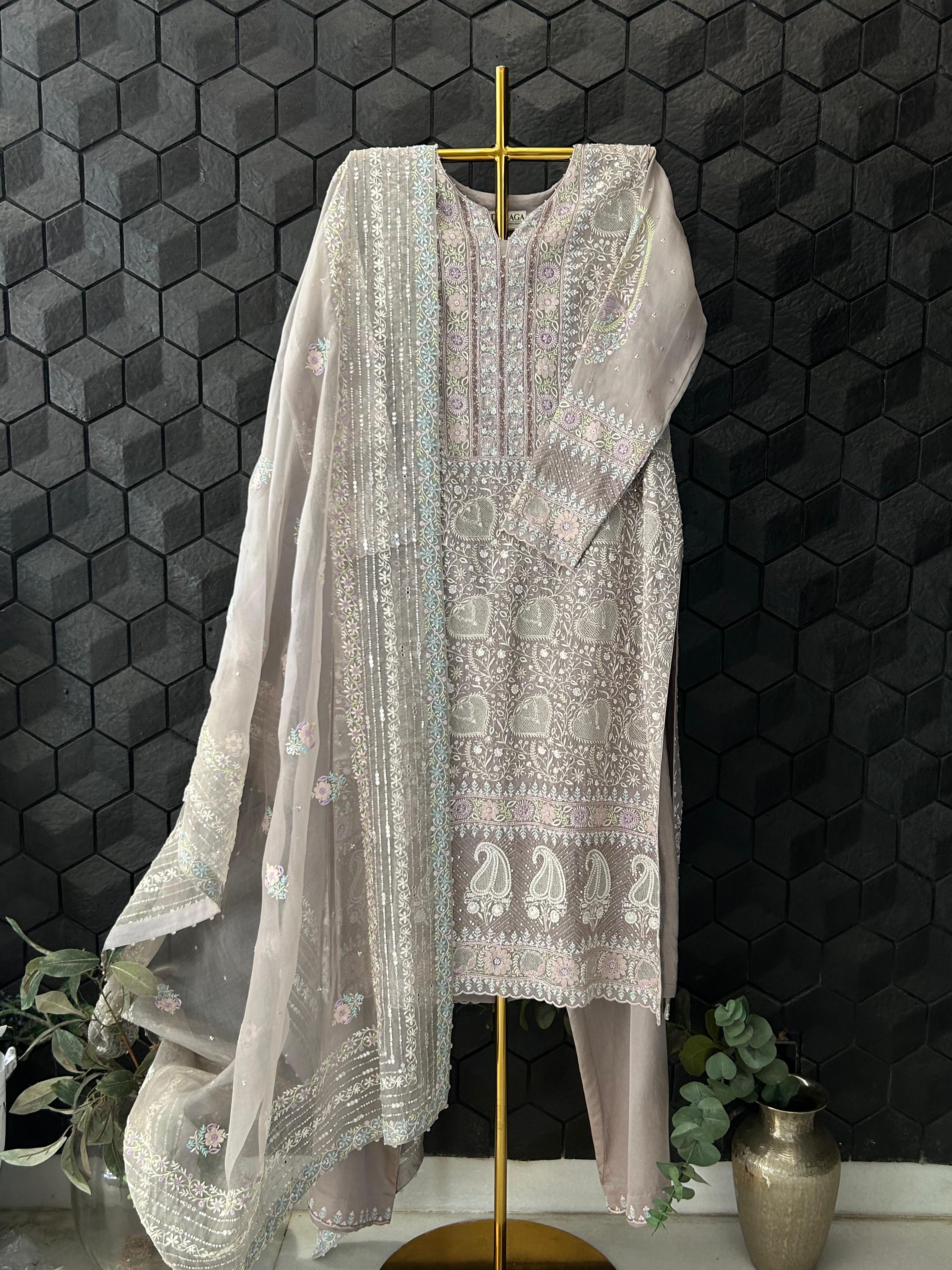 Grey organza chikankari kurta set