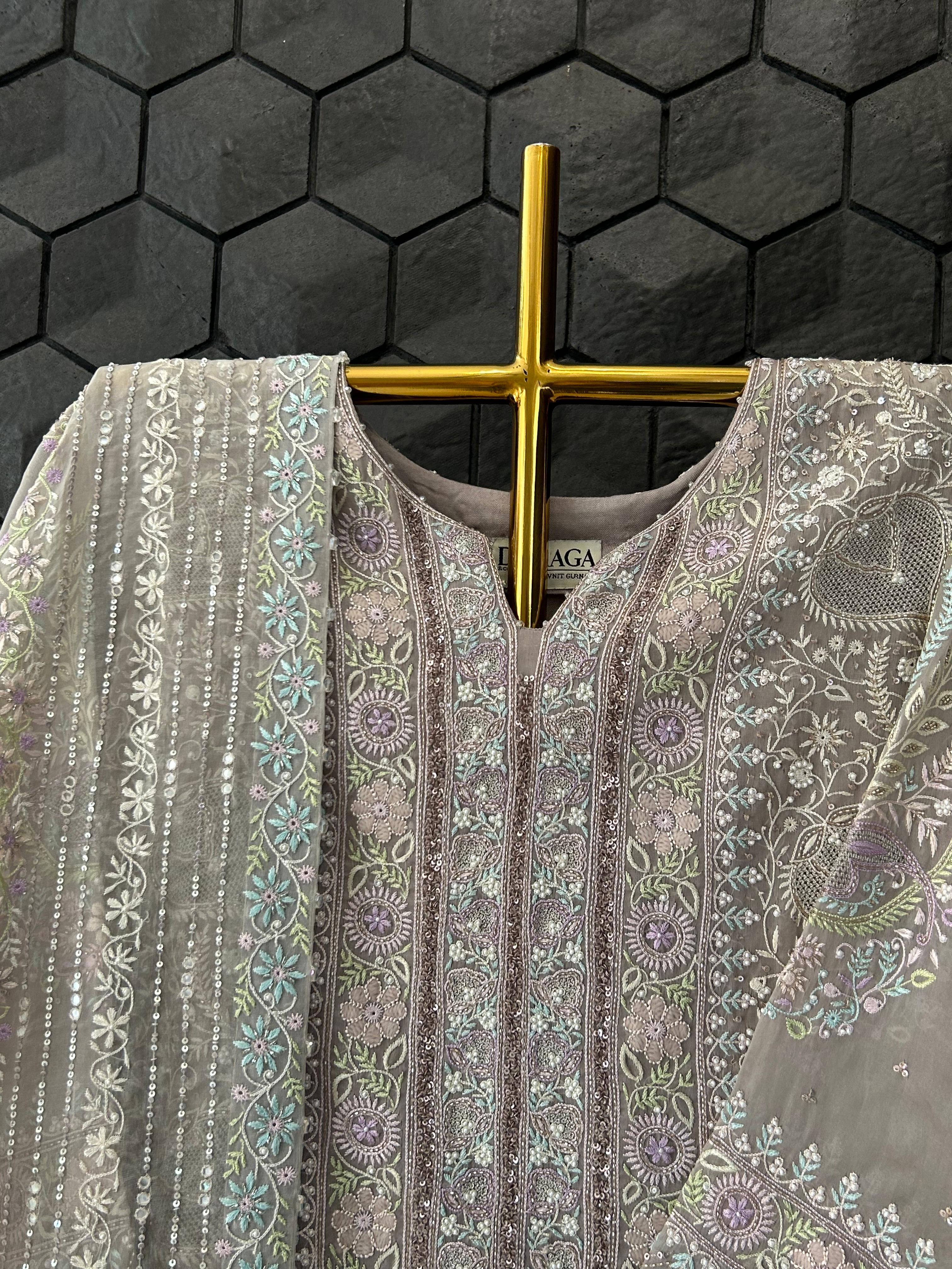 Grey organza chikankari kurta set