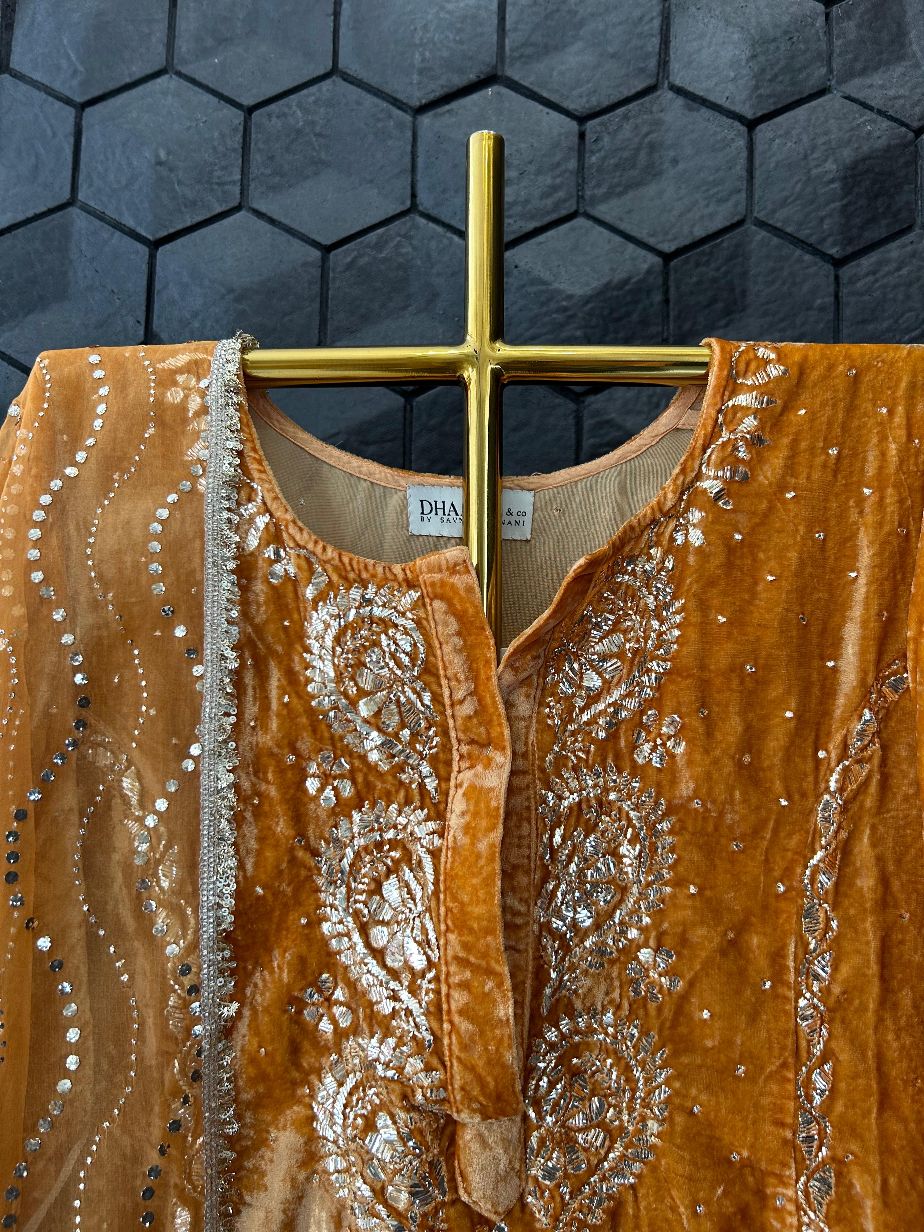 Mustard velvet mukaish kurta set