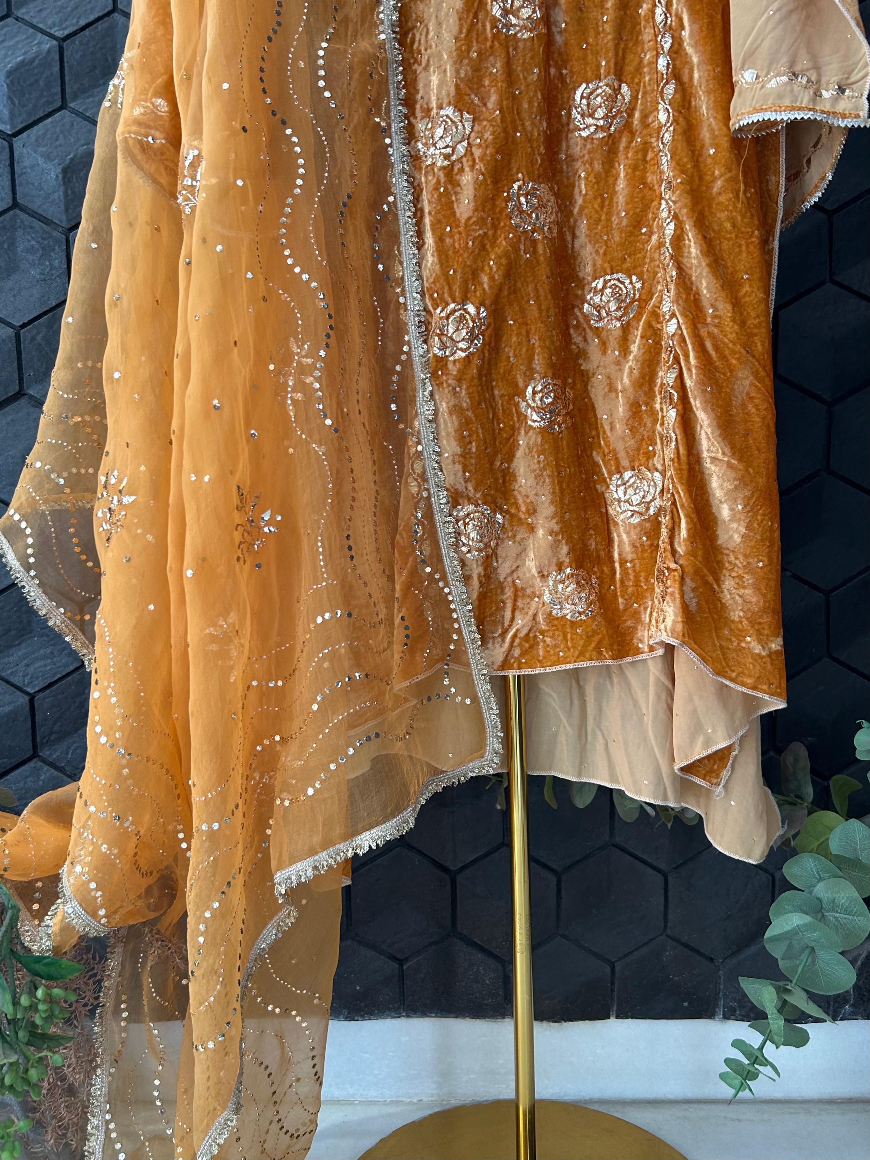 Mustard velvet mukaish kurta set