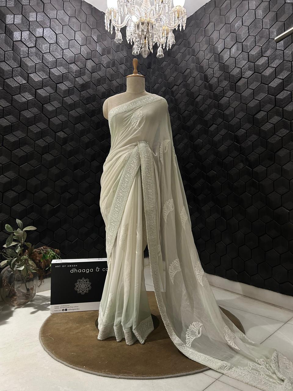 Grey chiffon chikankari saree