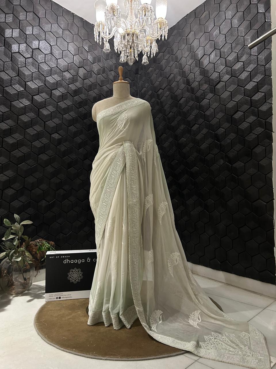 Grey chiffon chikankari saree with bird motif