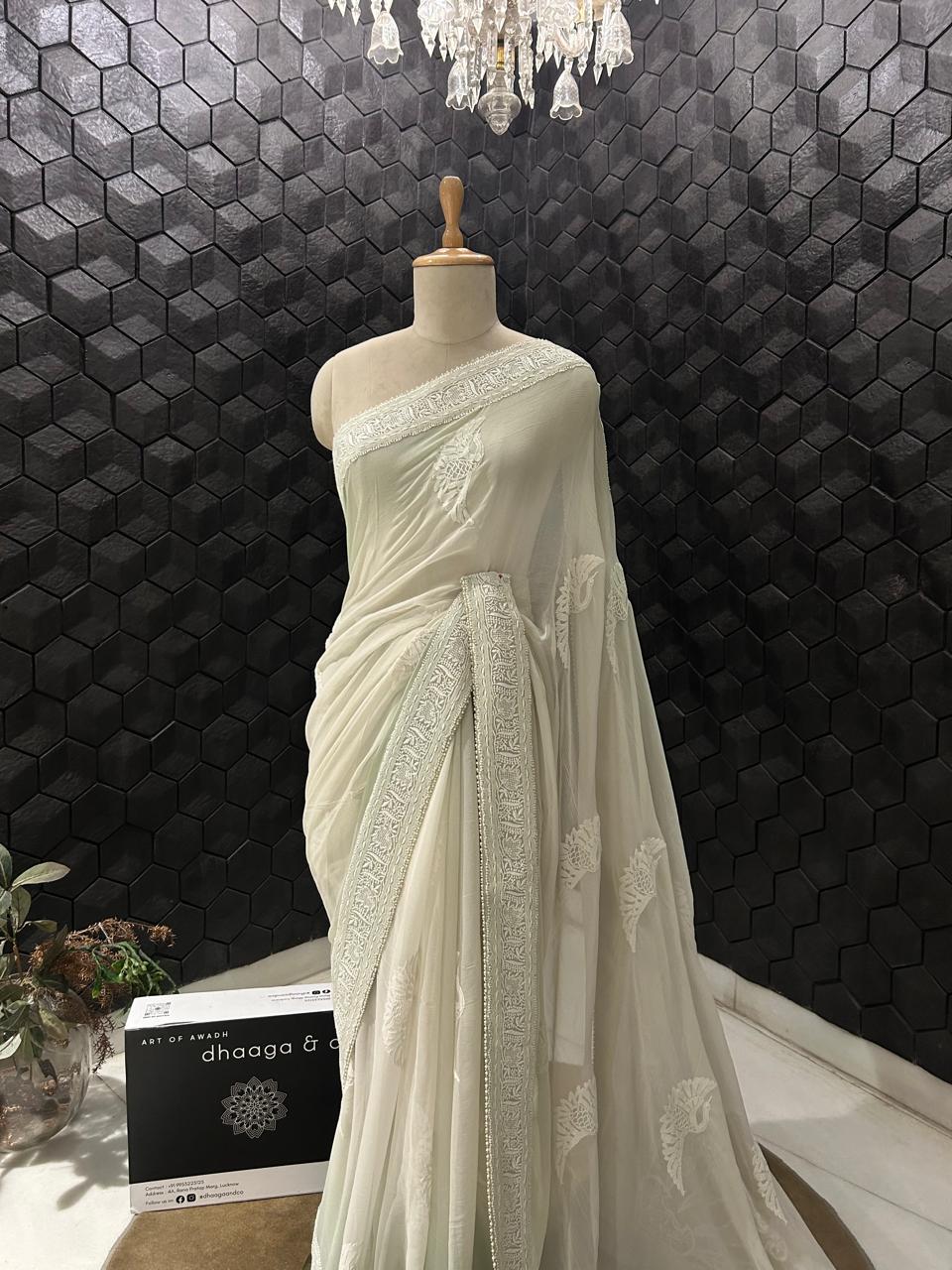 Grey chiffon chikankari saree with bird motif