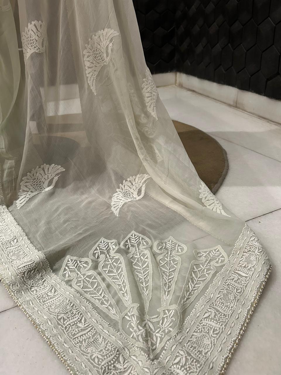 Grey chiffon chikankari saree with bird motif