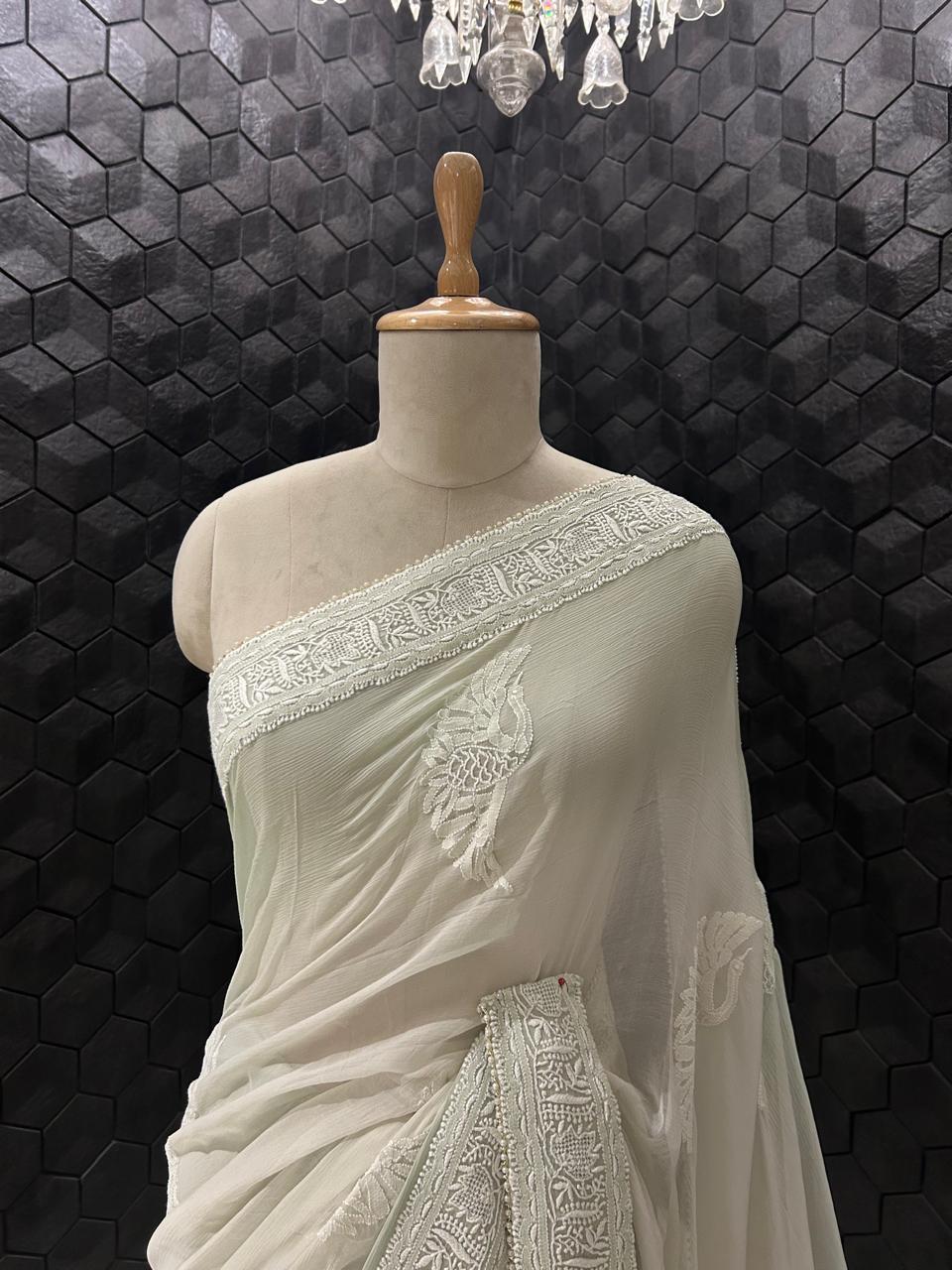 Grey chiffon chikankari saree with bird motif