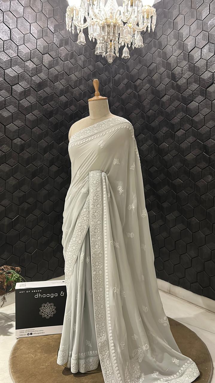 Grey chiffon chikankari saree with bird motif