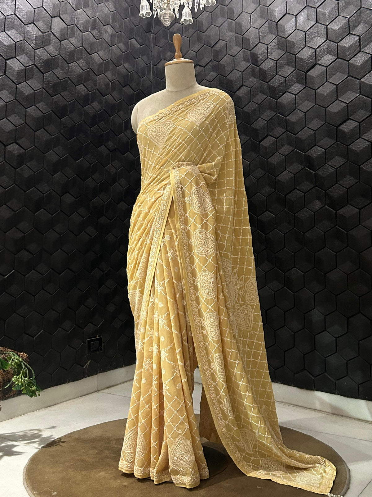Mustard georgette chikankari saree