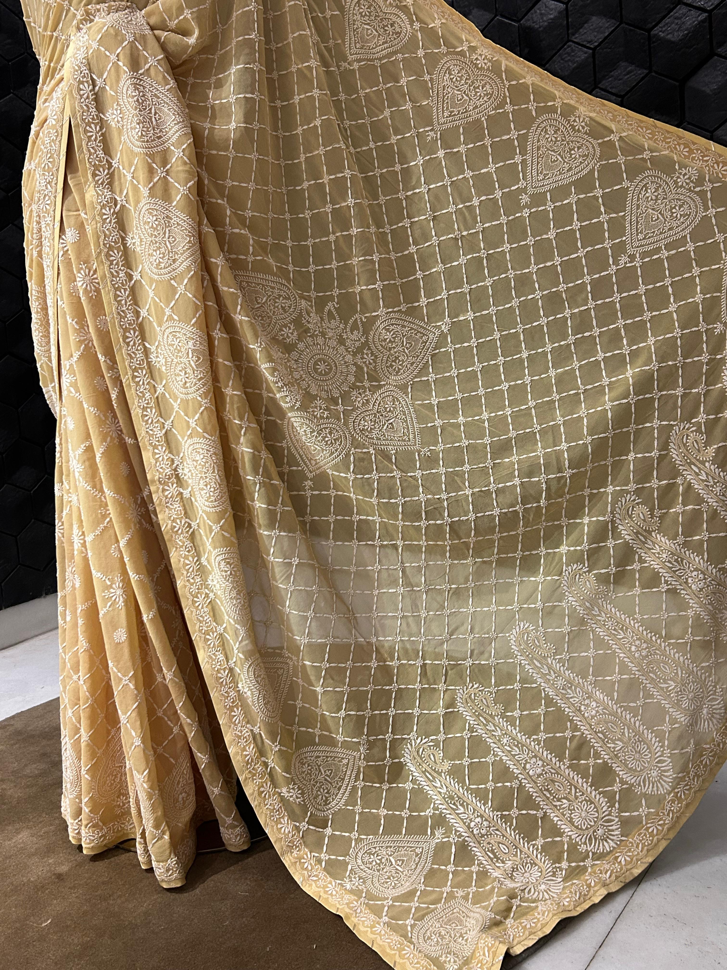 Mustard georgette chikankari saree