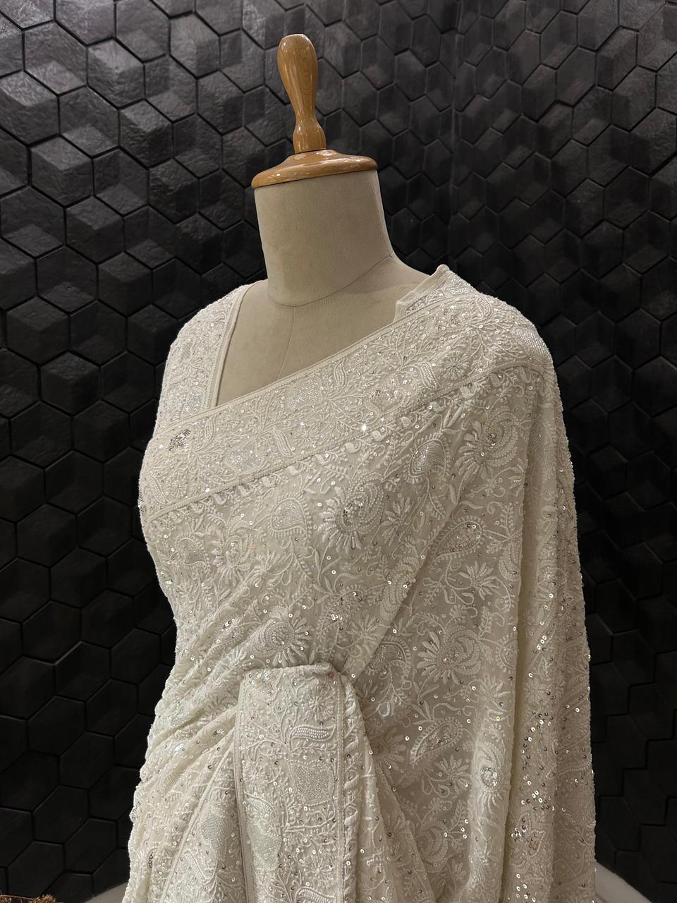 White georgette chikankari saree