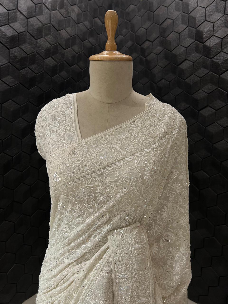 White georgette chikankari saree