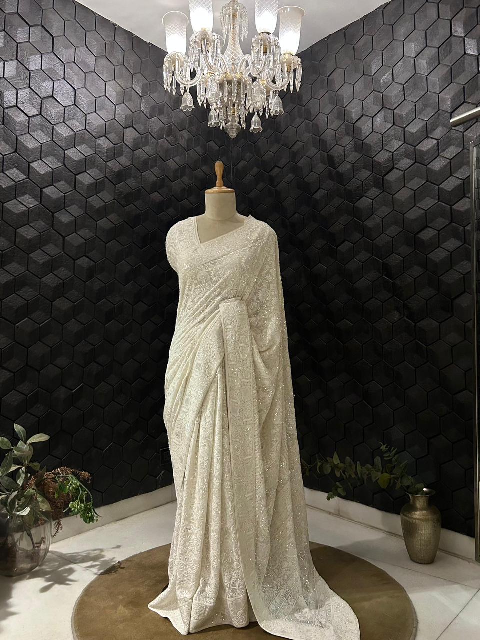 White georgette chikankari saree