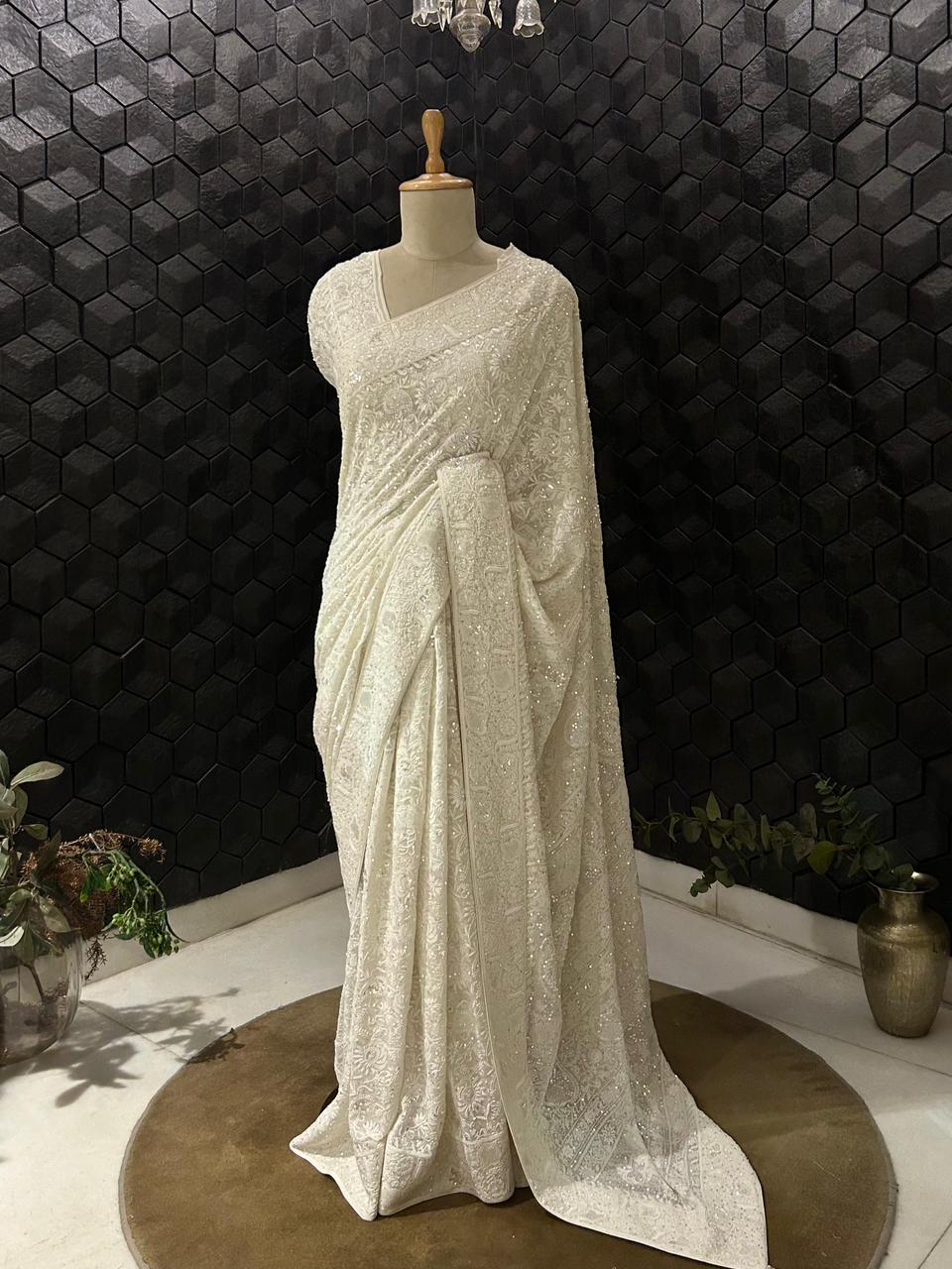 White georgette chikankari saree