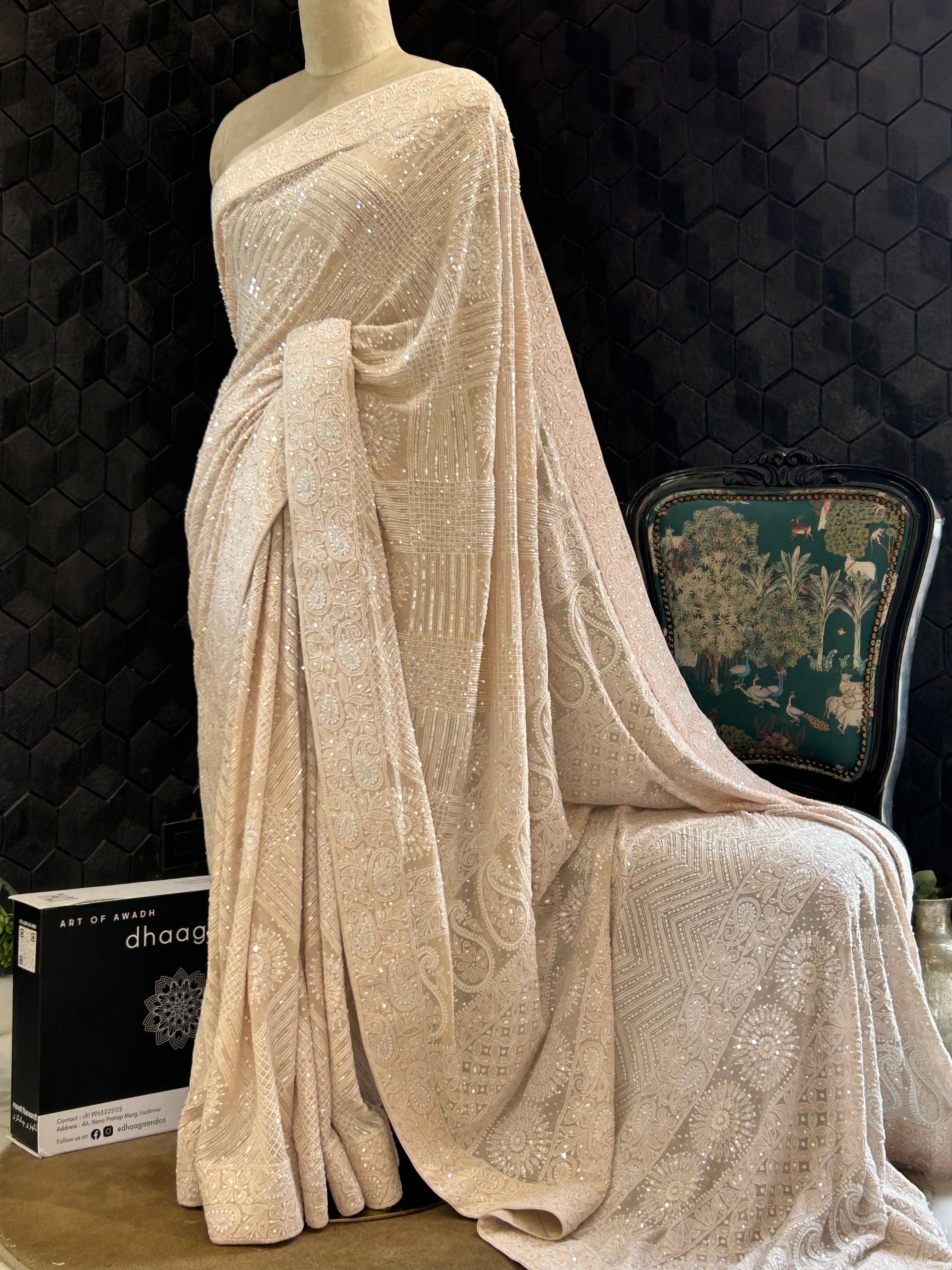 Champagne georgette chikankari saree