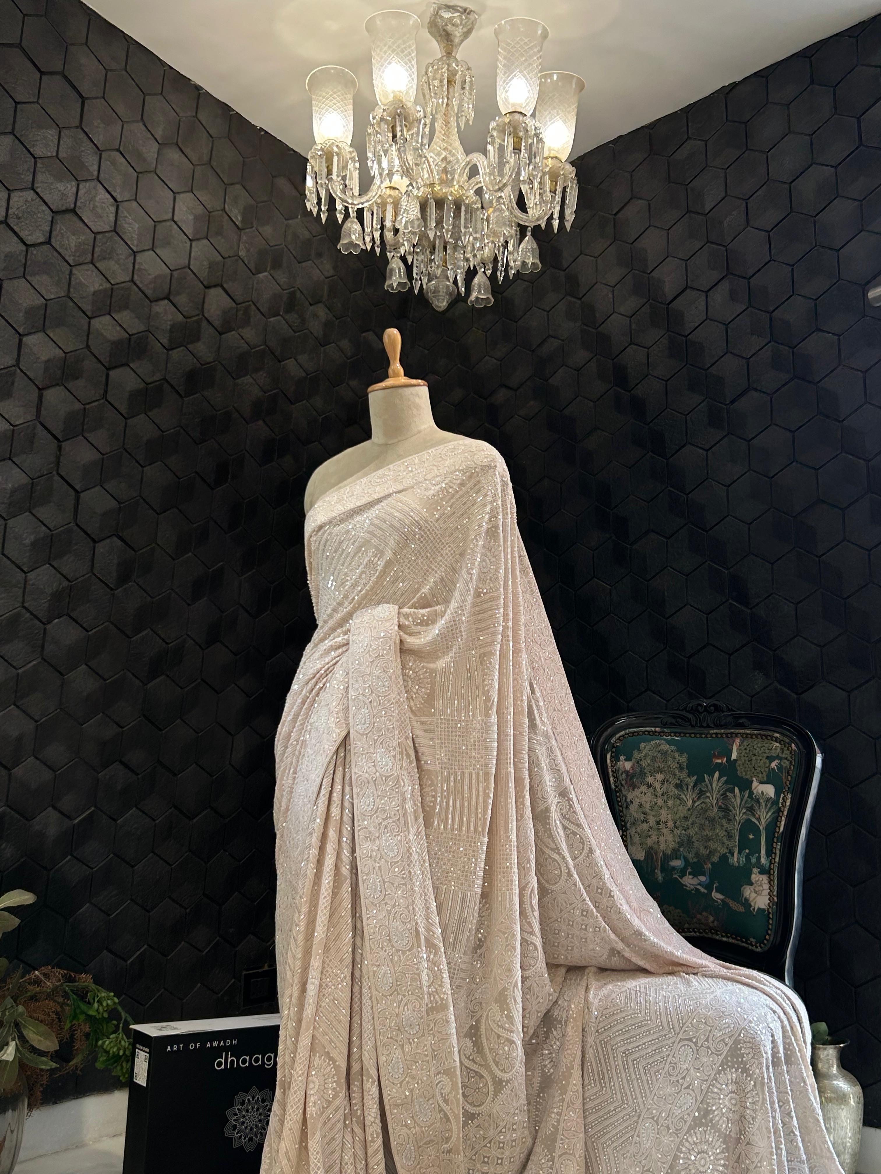 Champagne georgette chikankari saree
