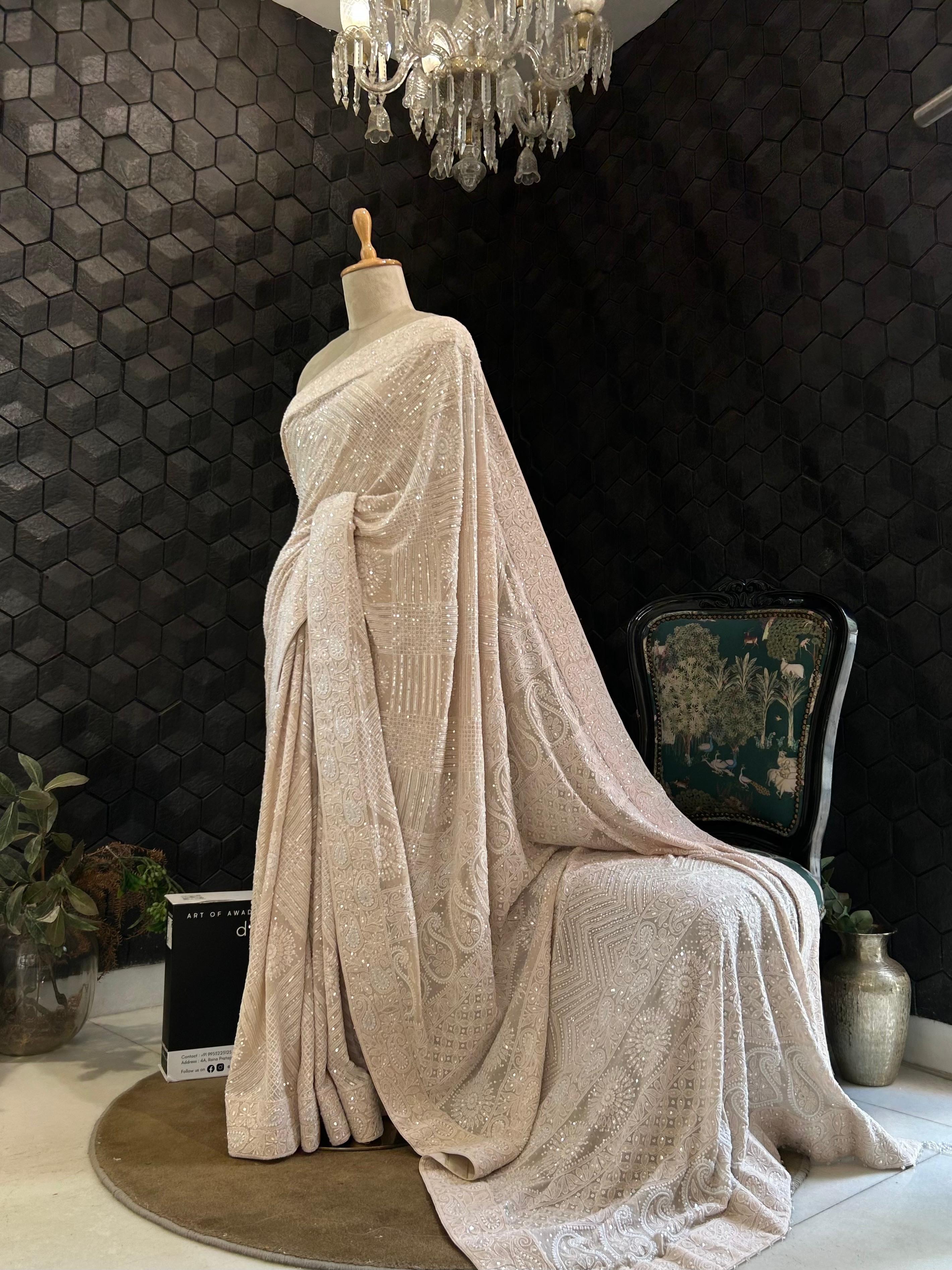 Champagne georgette chikankari saree