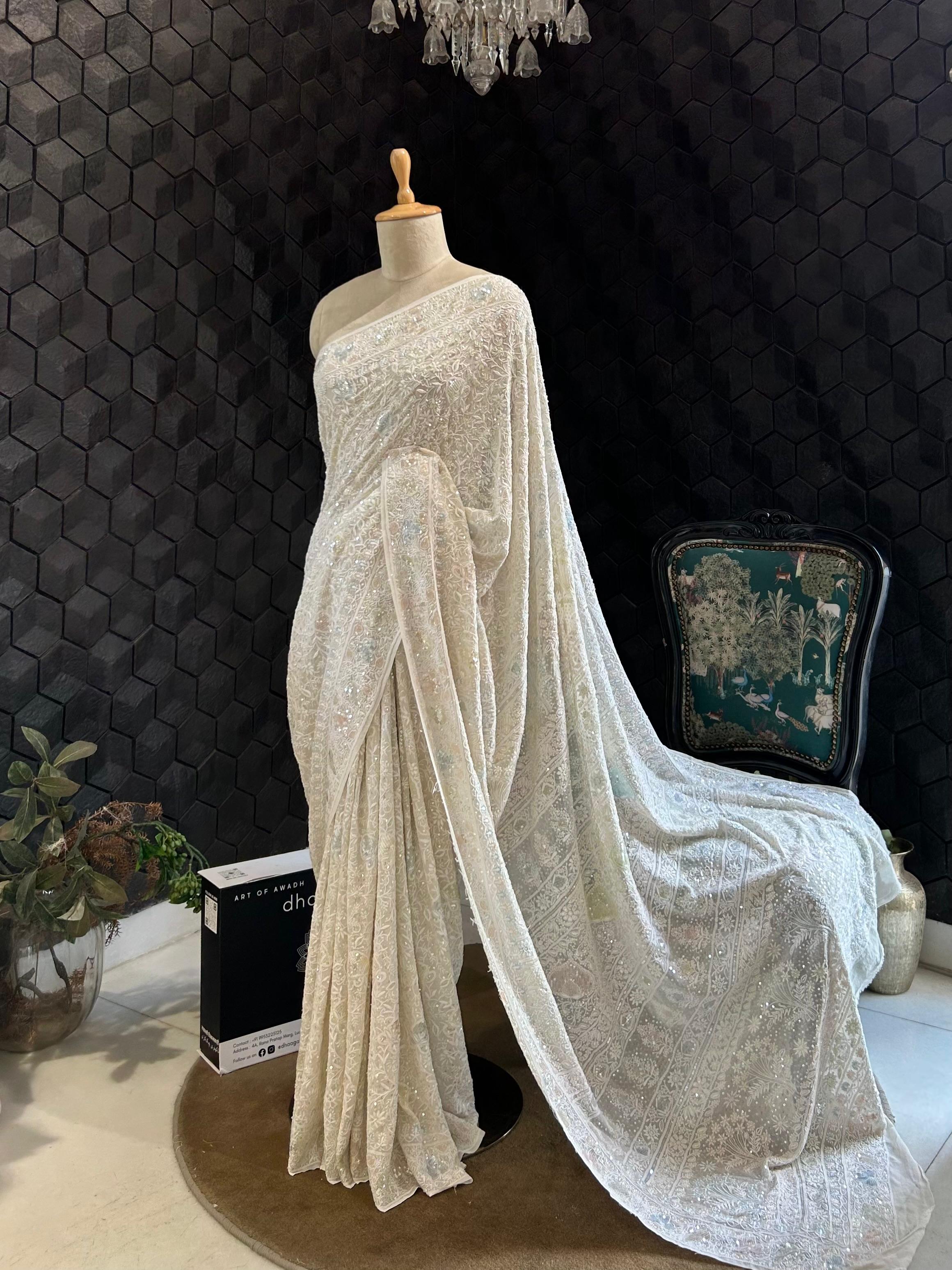 Off - white georgette chikankari saree