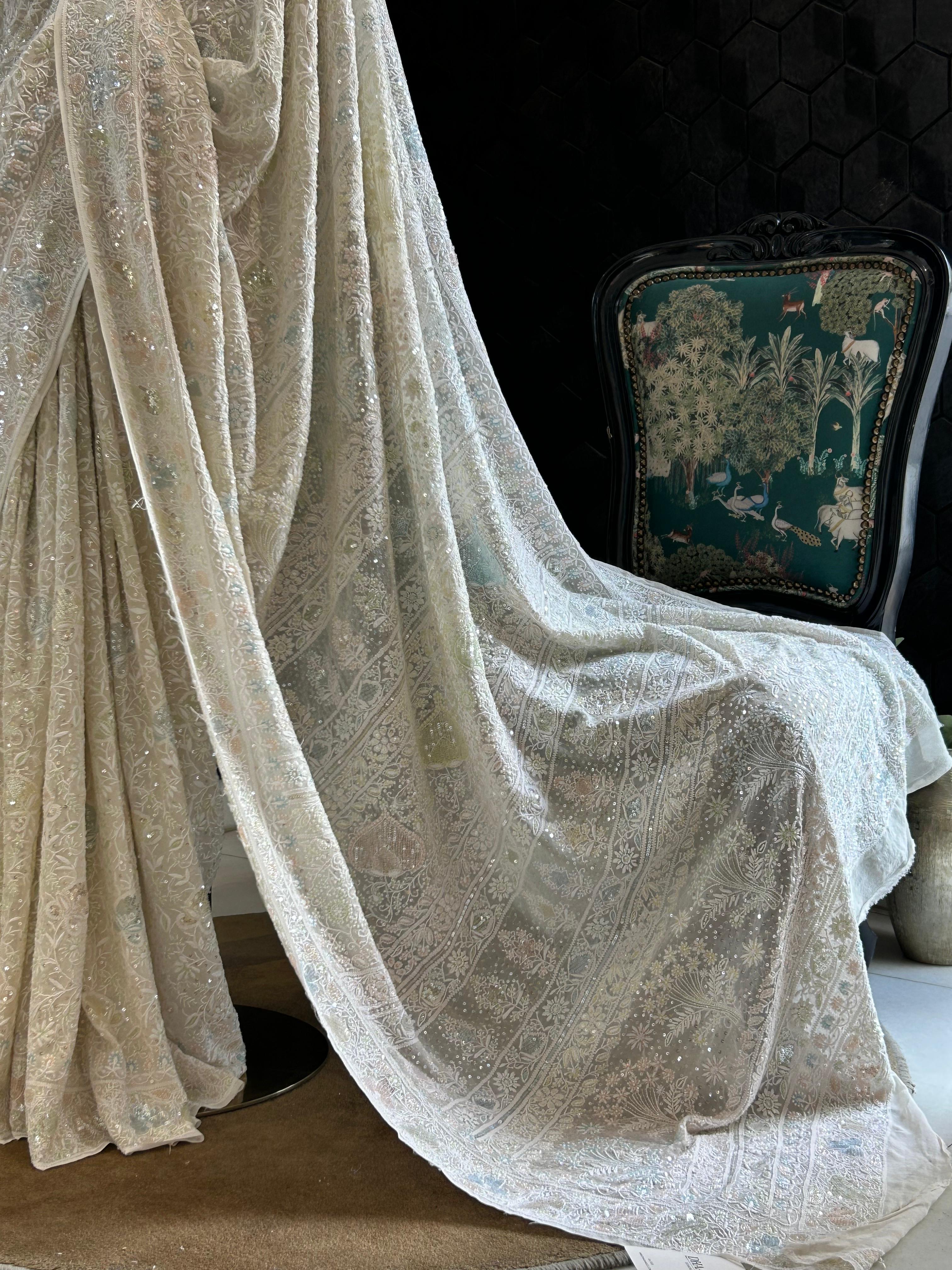 Off - white georgette chikankari saree