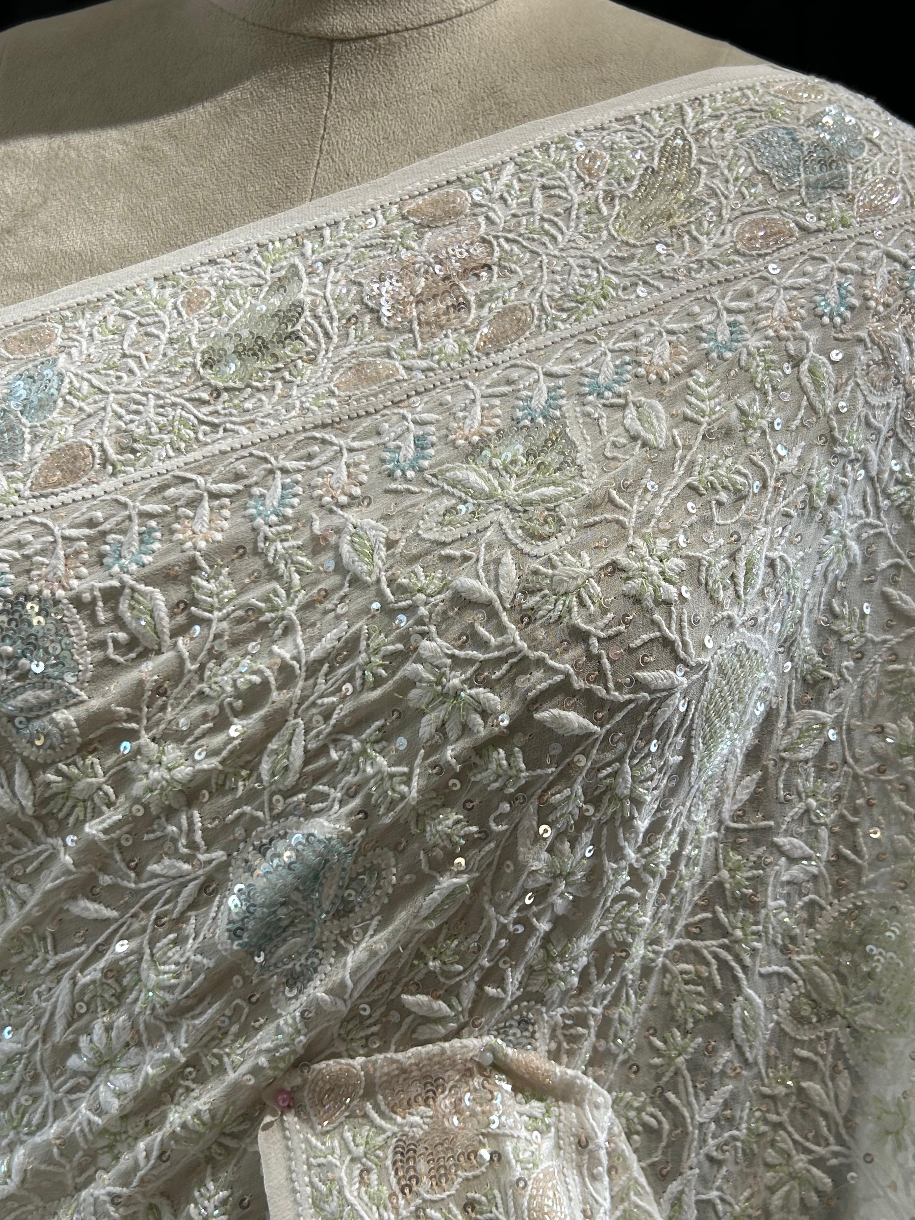 Off - white georgette chikankari saree