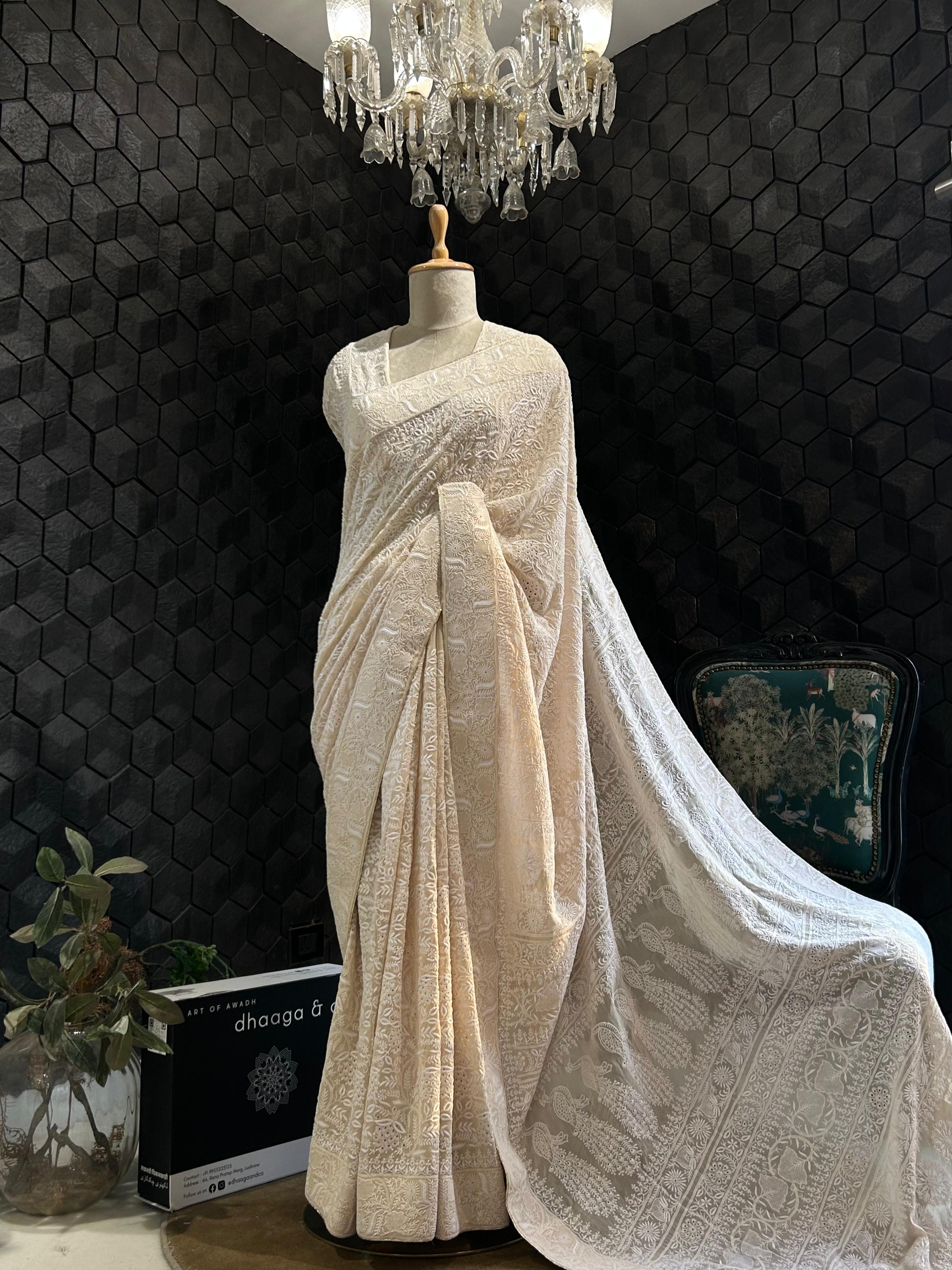 Champagne georgette chikankari saree