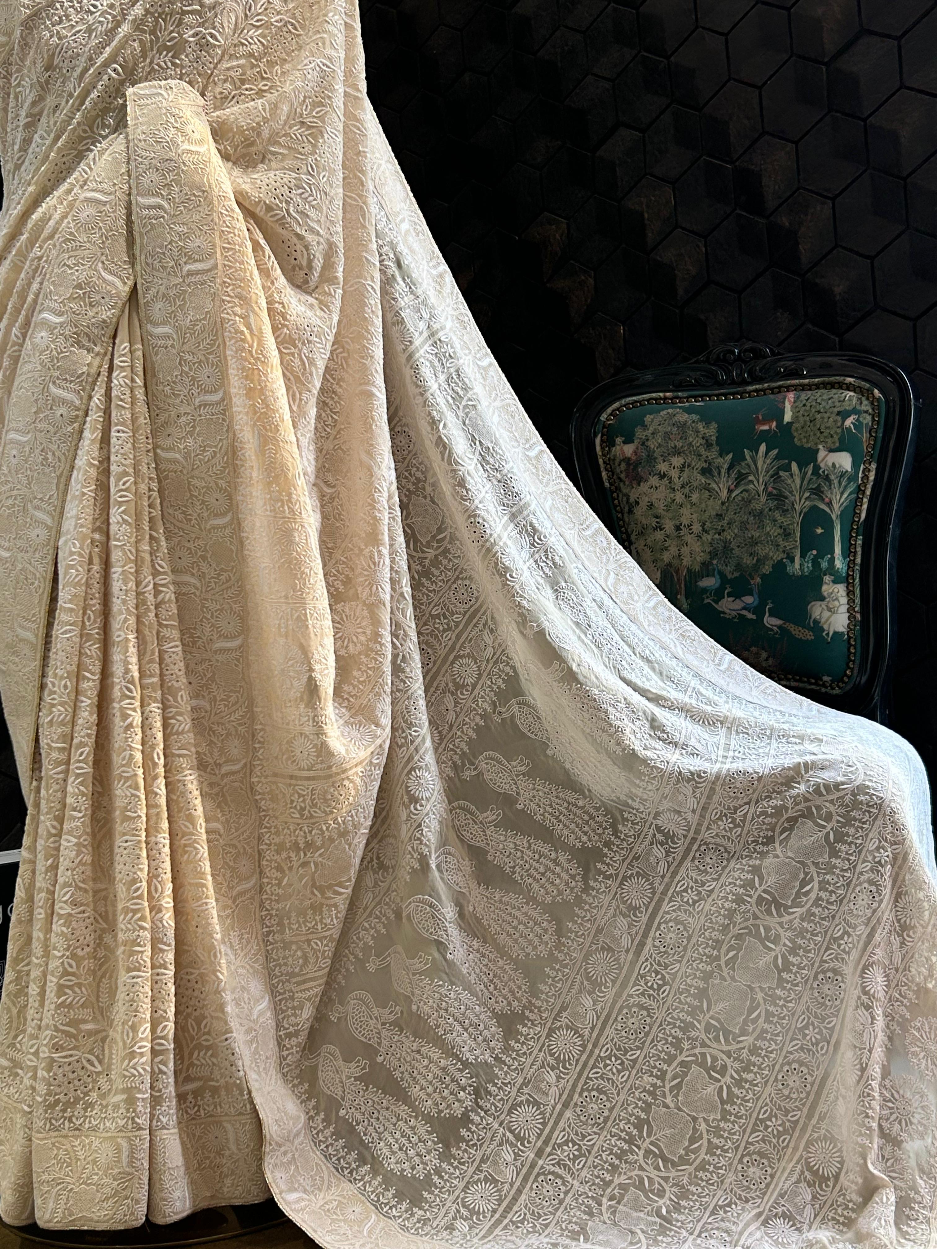 Champagne georgette chikankari saree