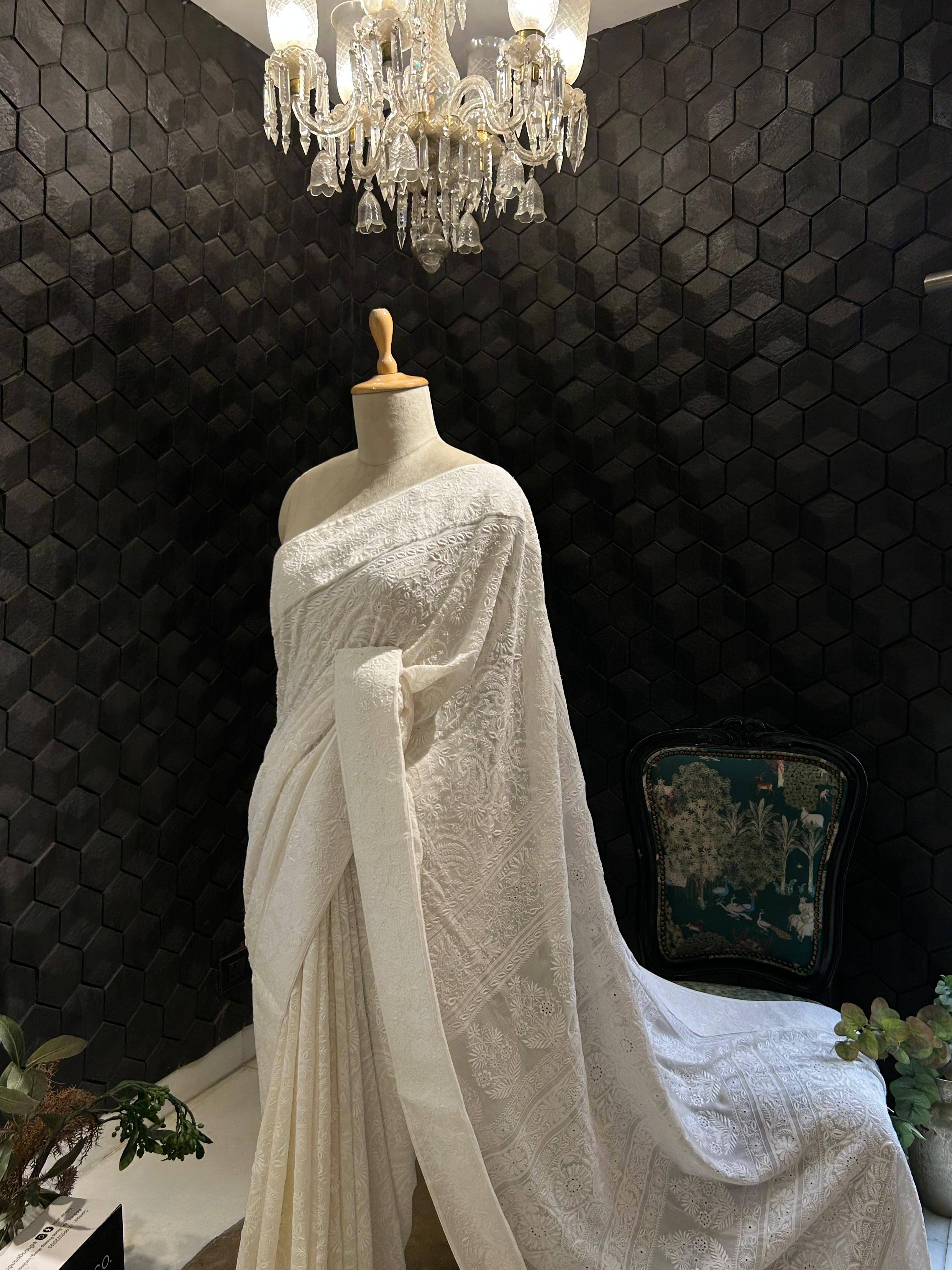 White Georgette chikankari Saree