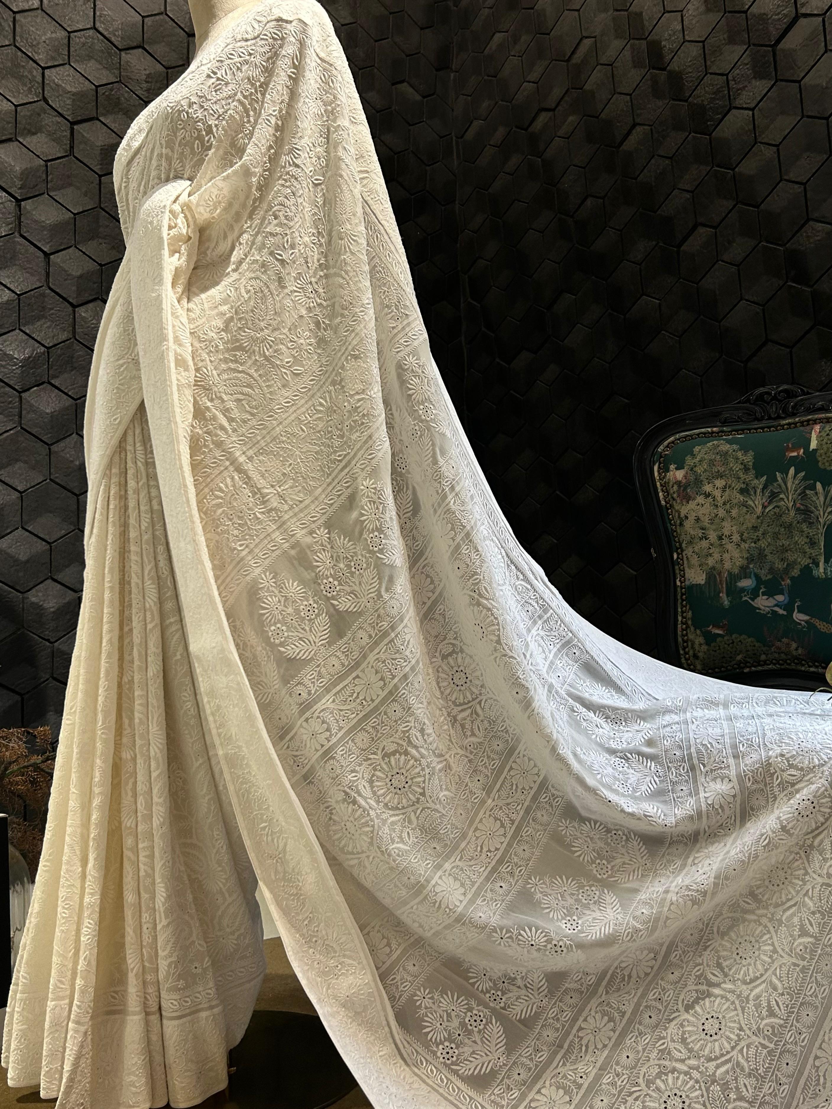 White Georgette chikankari Saree